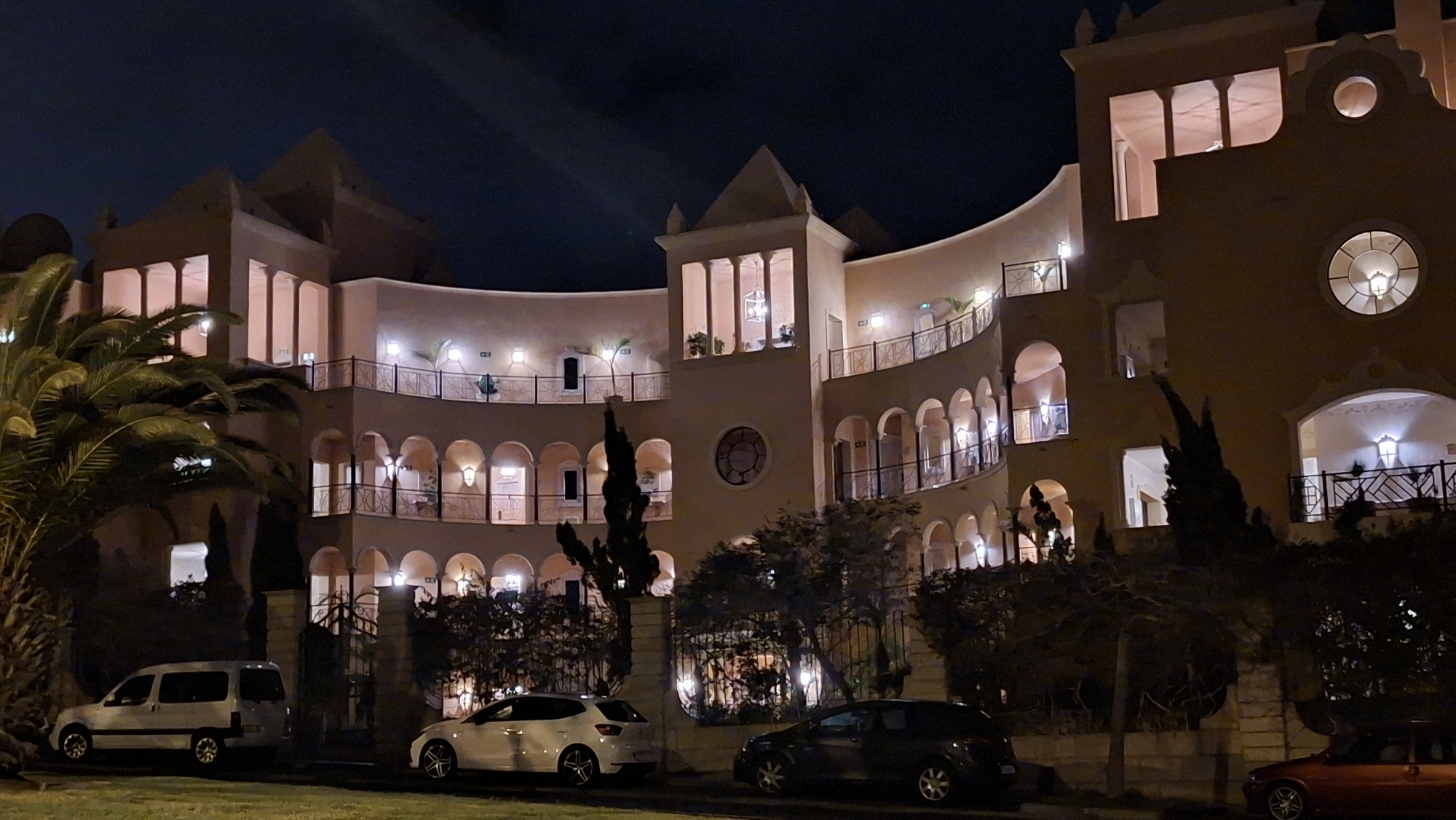 Night architecture and traditional dress selfie in Costa Adeje