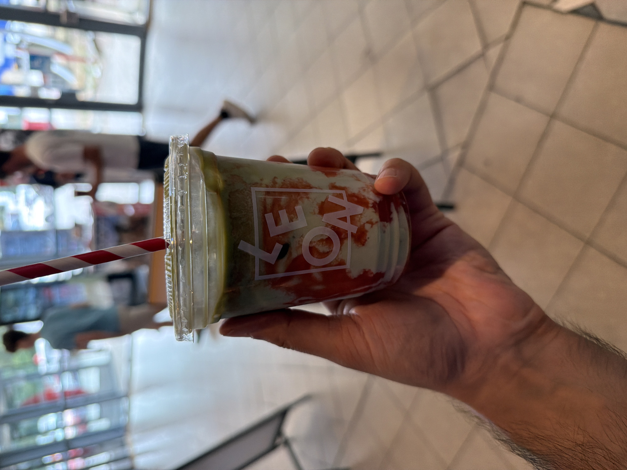 Layered matcha and strawberry drink, Northampton