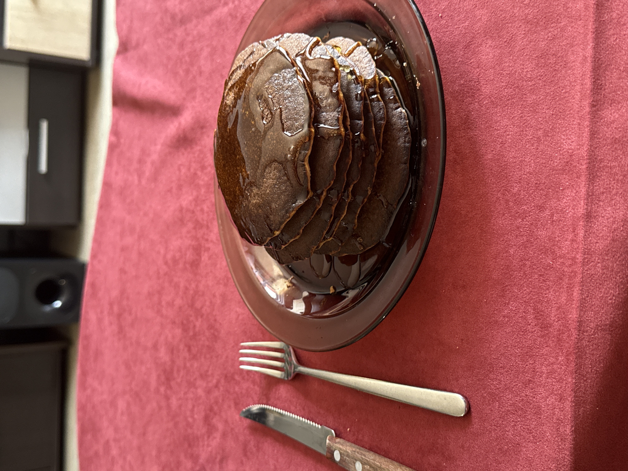 Chocolate pancakes photographed during breakfast in Blagoevgrad, Bulgaria