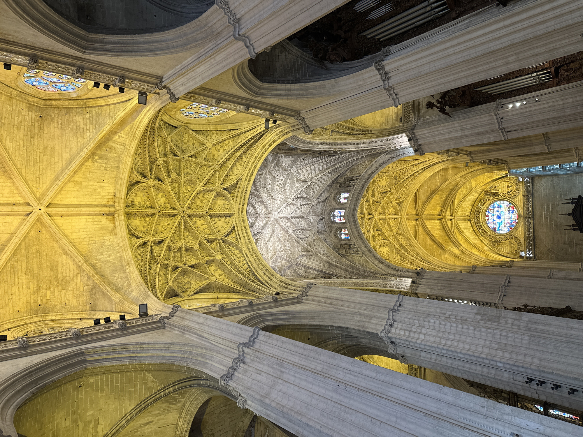 Visitor captures Seville Cathedral's ornate ceiling architecture