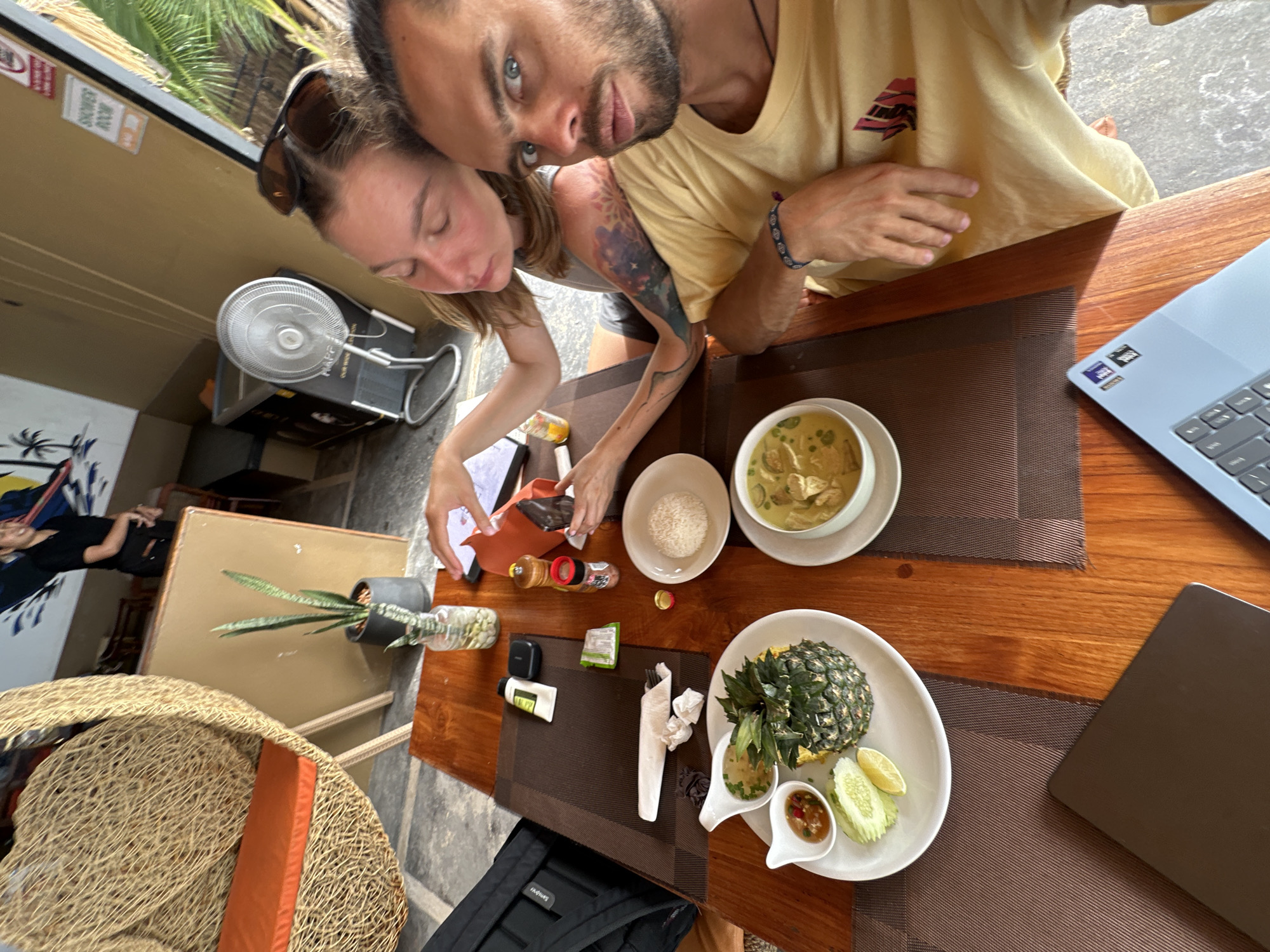 Lazy beach morning in Ko Samui — dining, jet skis, overcast sea