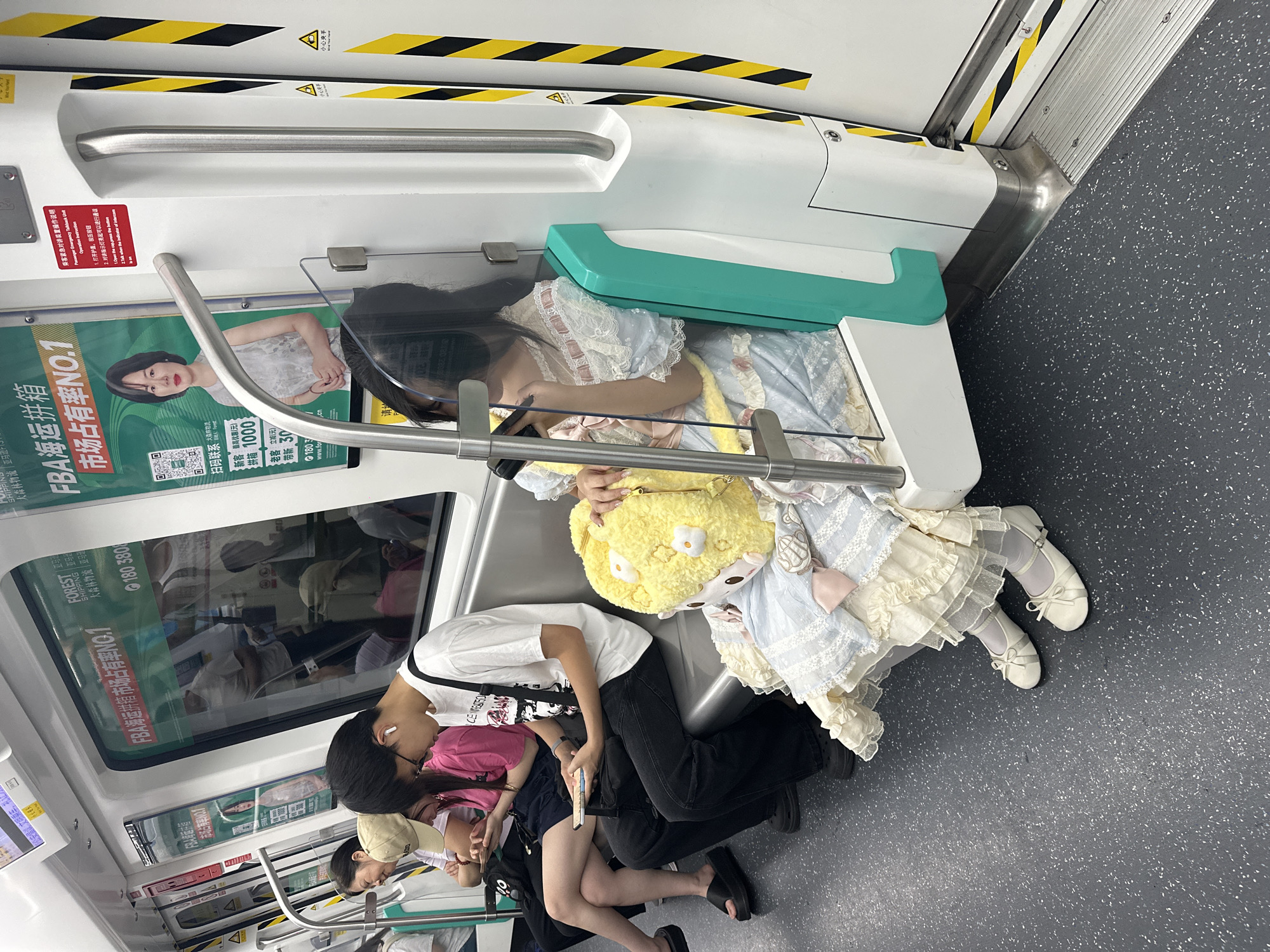 Light blue lace dress and yellow sheep bag on the subway