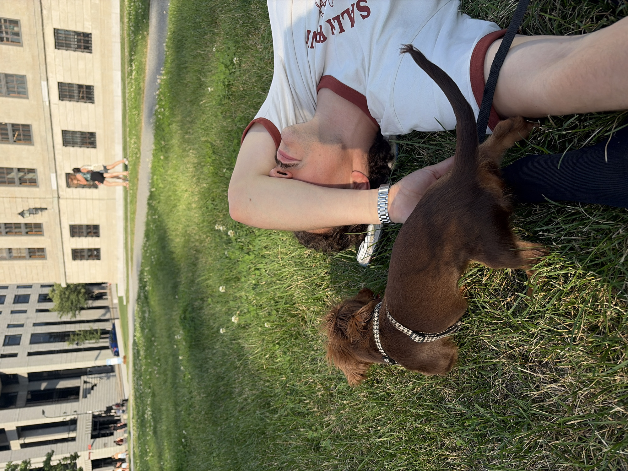 Dachshund and owner taking it easy in a Montreal park