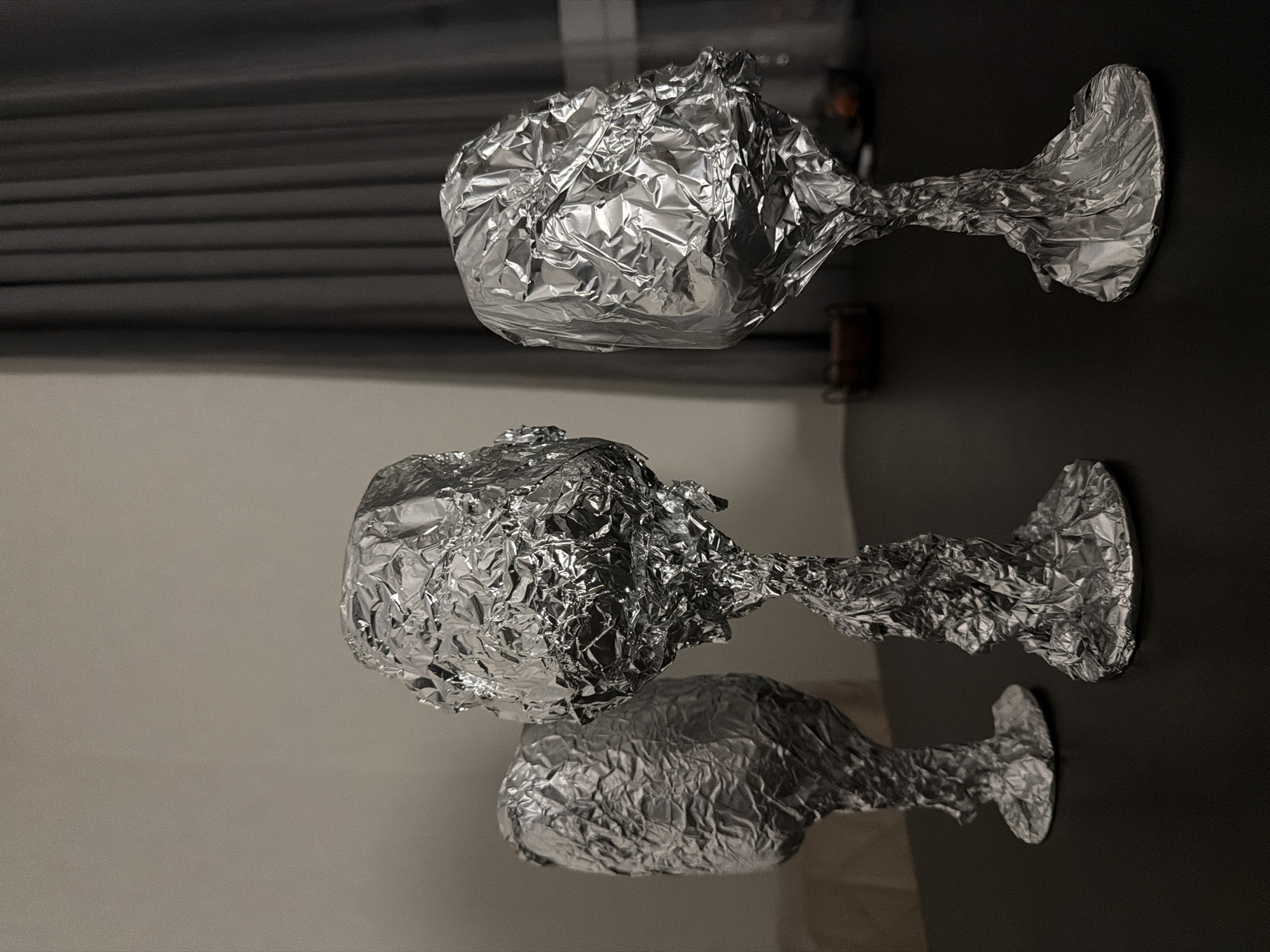 Person wraps wine glasses in foil, cat investigates