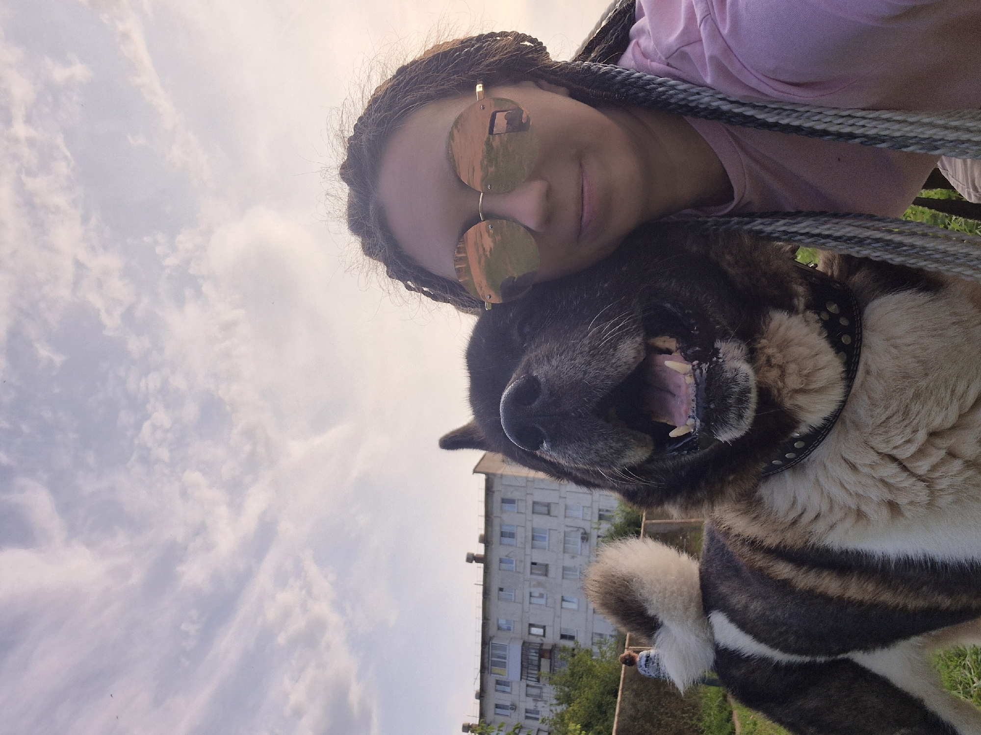 Outdoor selfie set with a dog, paired with branded orange slides