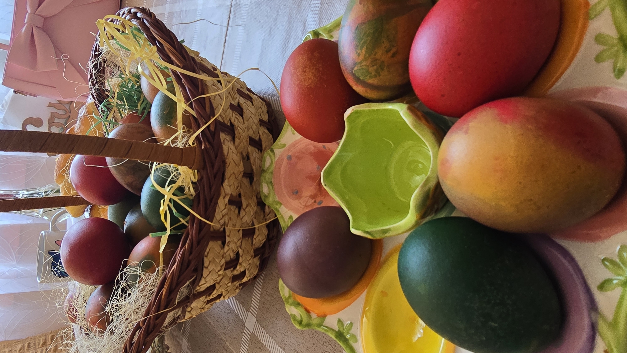 Colorful Easter eggs displayed in baskets in Levski, Bulgaria