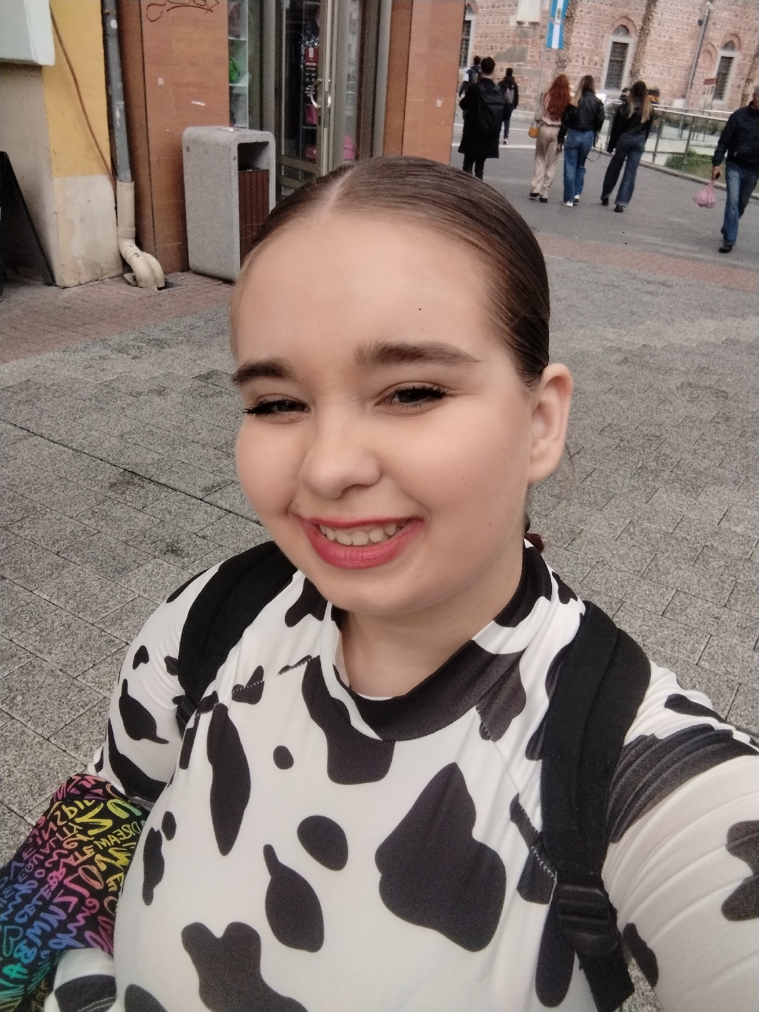 Woman photographed in downtown Plovdiv on overcast morning