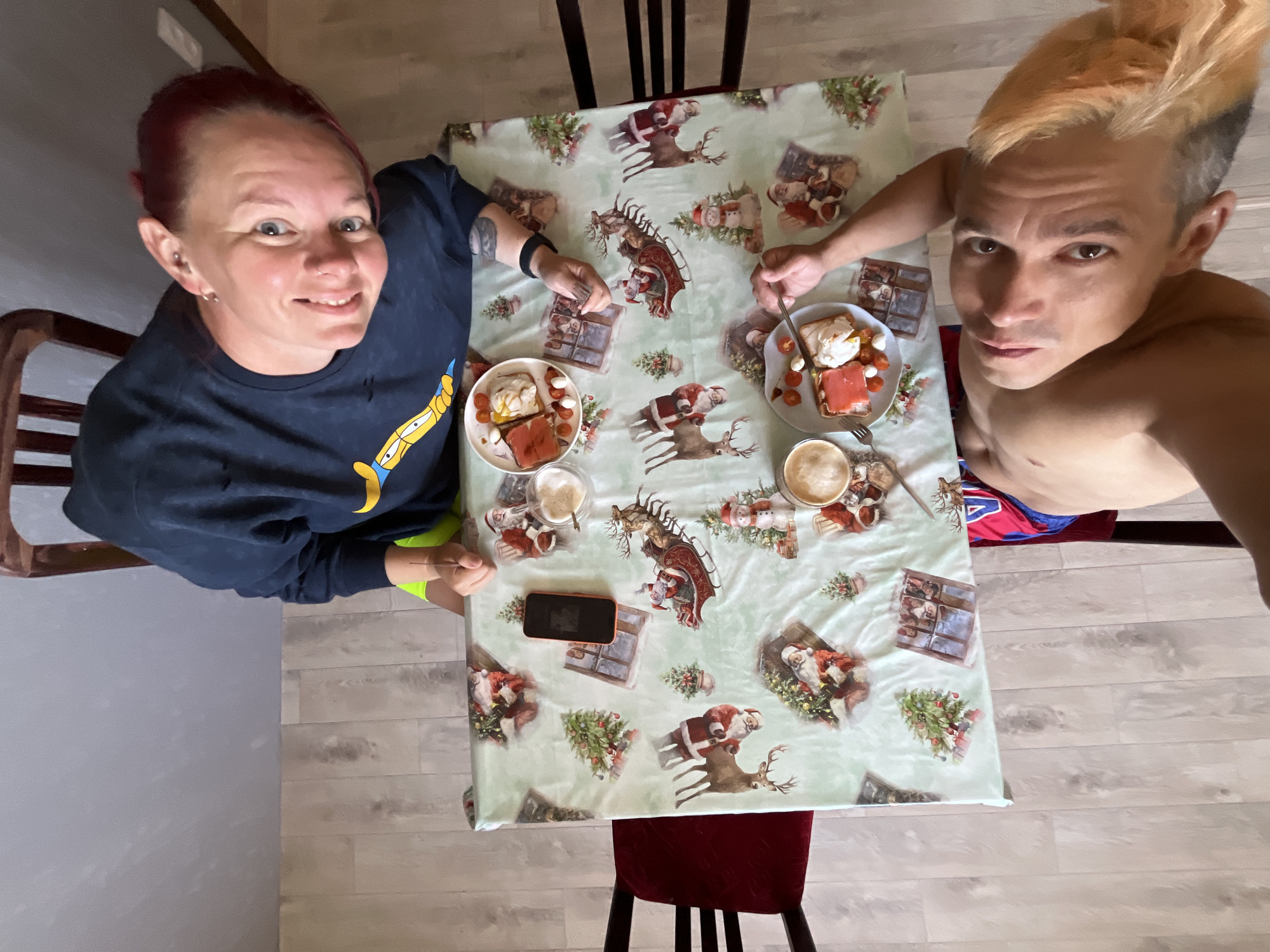 Morning breakfast routine with pets documented in Chaikovsky, Russia