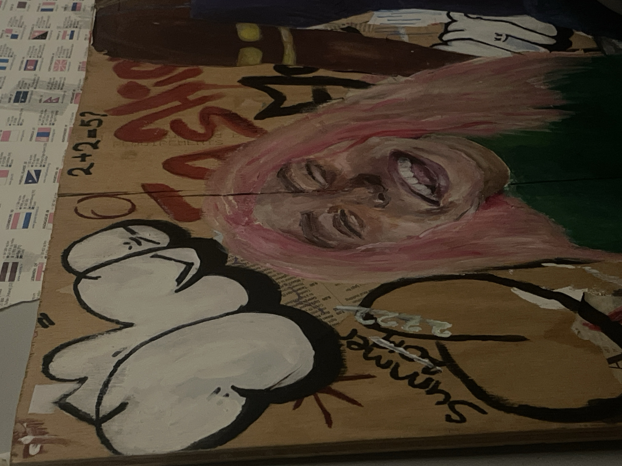 Portrait painting with pink hair observed on plywood in Maidstone