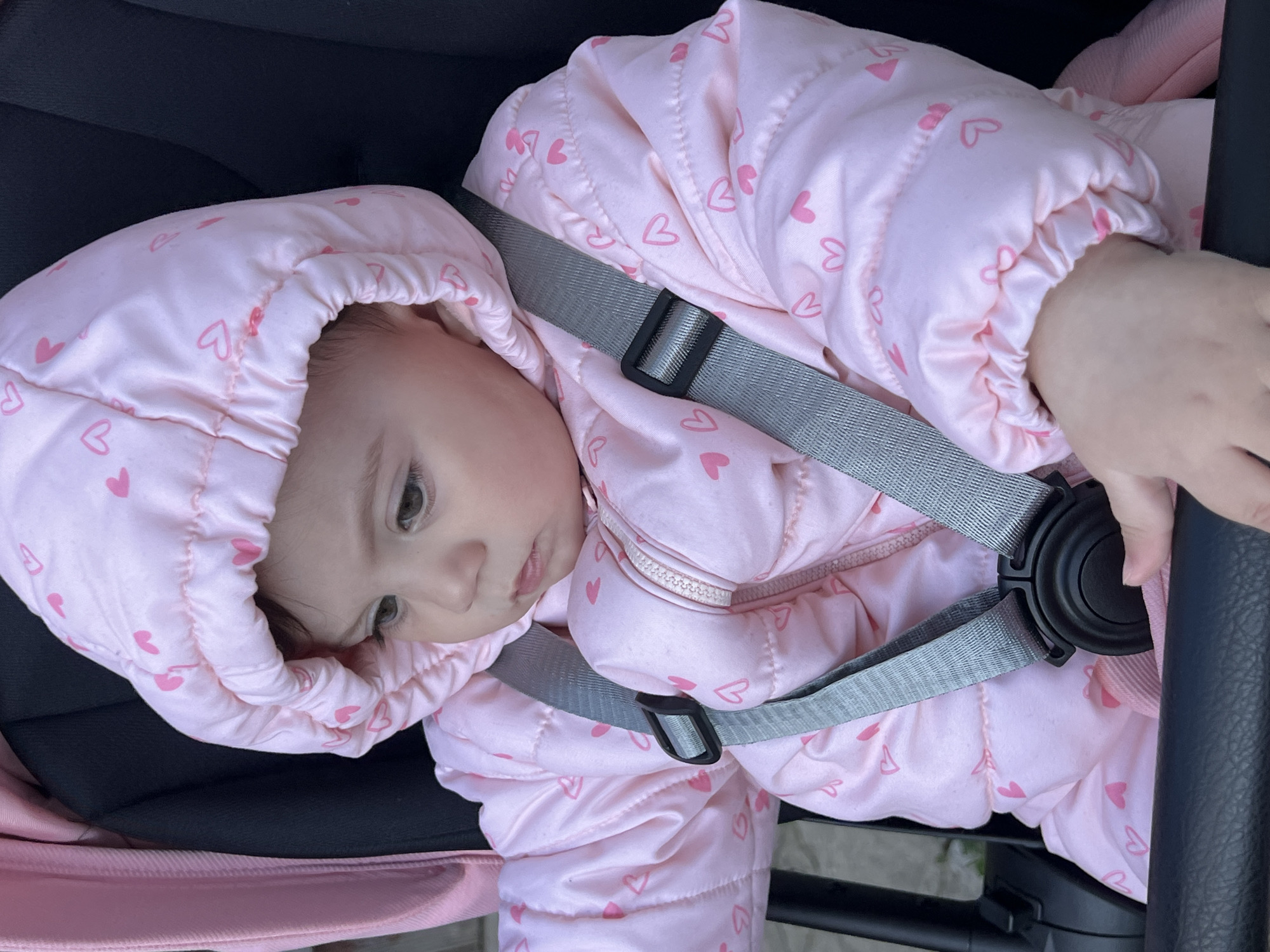 Baby in pink heart jacket photographed in Elena, Bulgaria