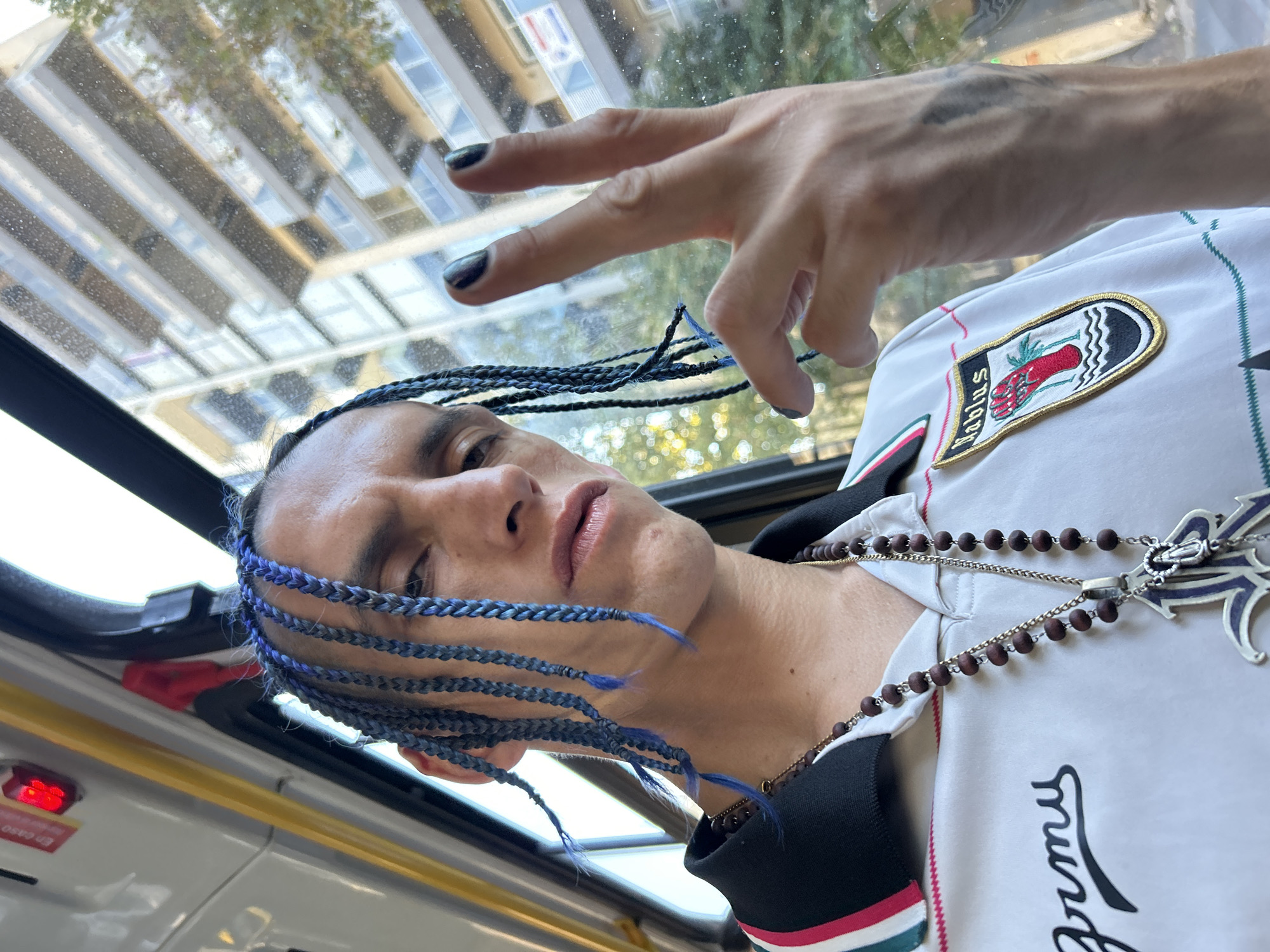 Person with blue braids photographed on Buenos Aires bus