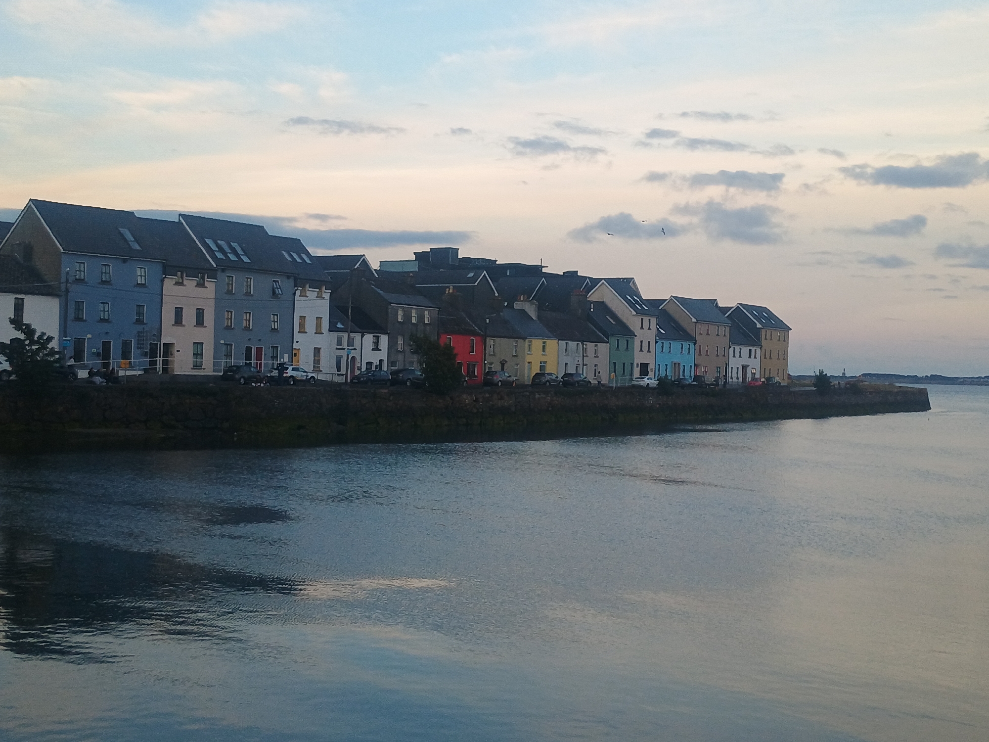 Dusk on a colorful European waterfront, boats moored, cat on the seawall