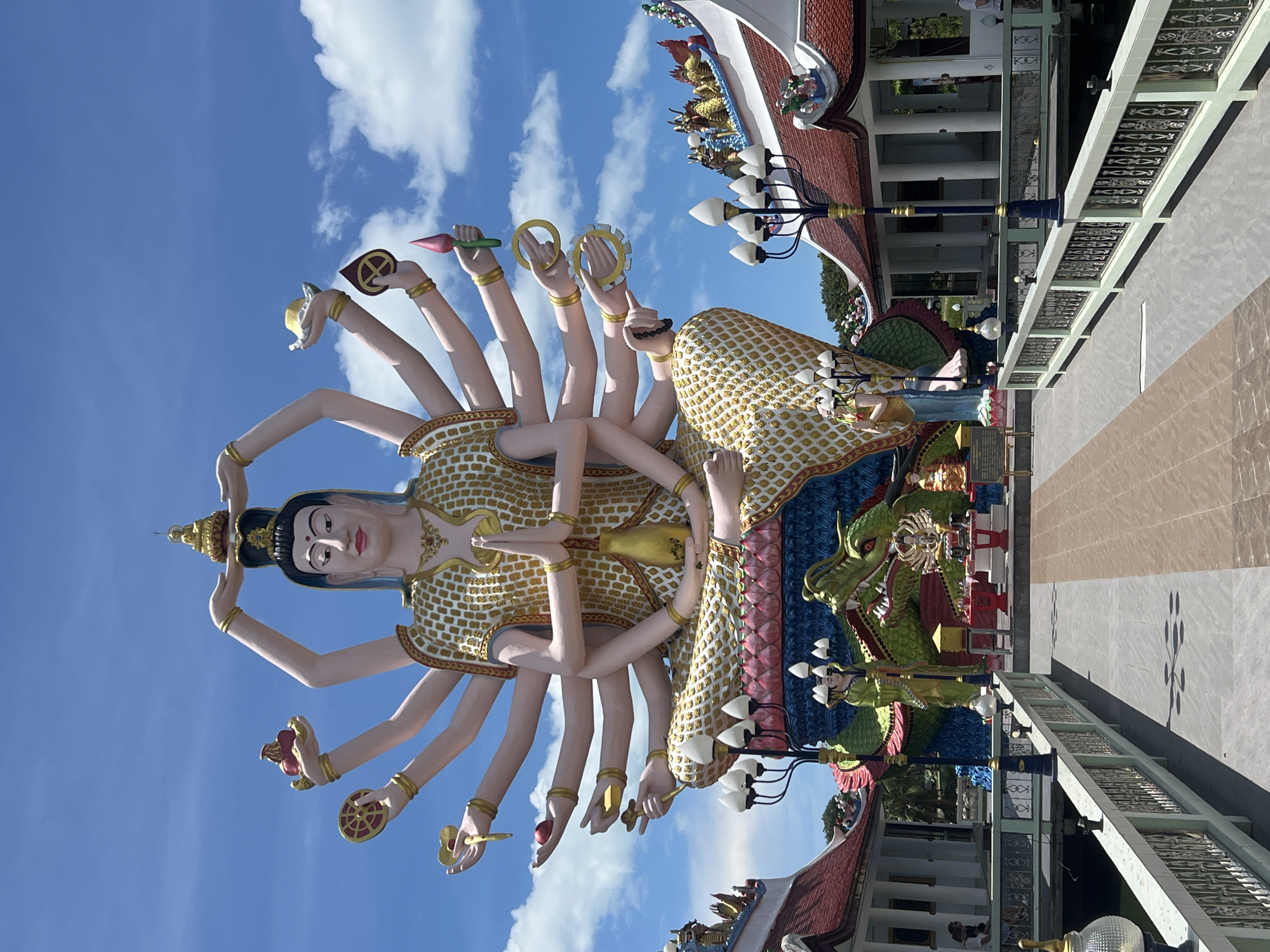 Tourist documents Buddhist temple architecture in Thailand morning visit