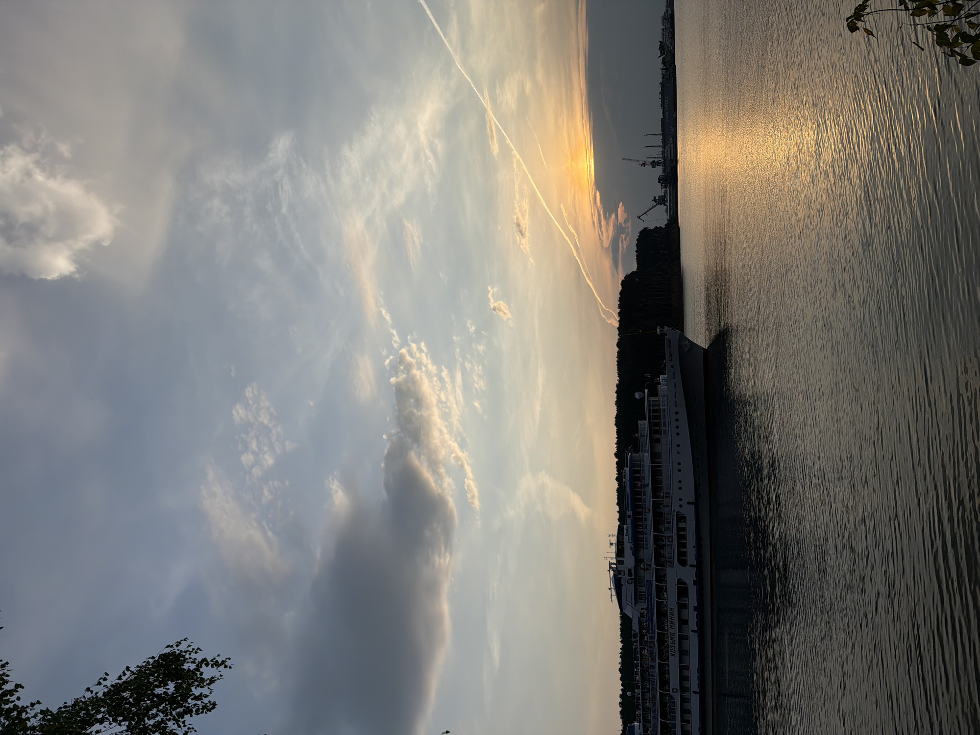 Russian river cruise ship Kozma Minin at sunset