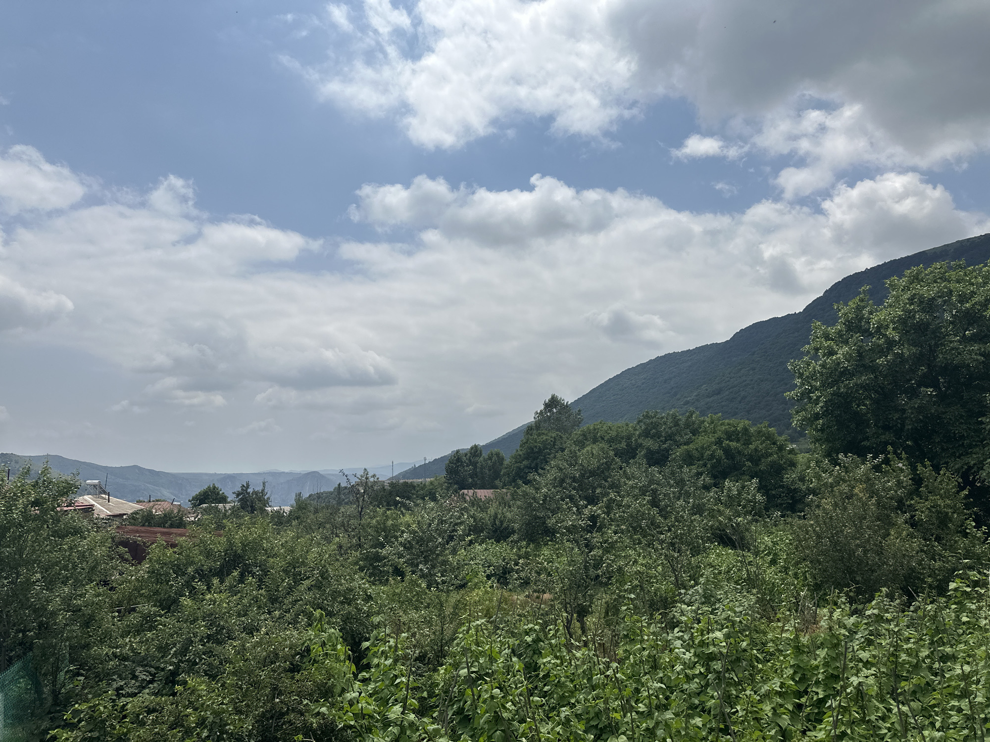 Mountain landscape with lush foliage and corrugated rooftops below cloudy skies