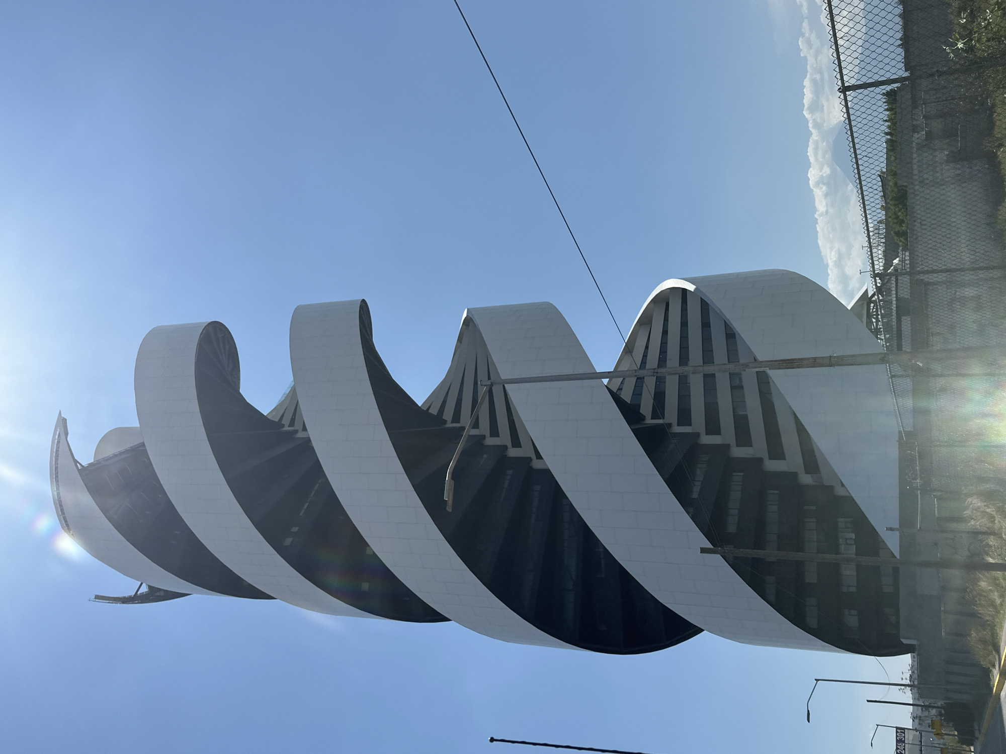 Modern wave-spiral building observed in Tlaxcalancingo, Mexico