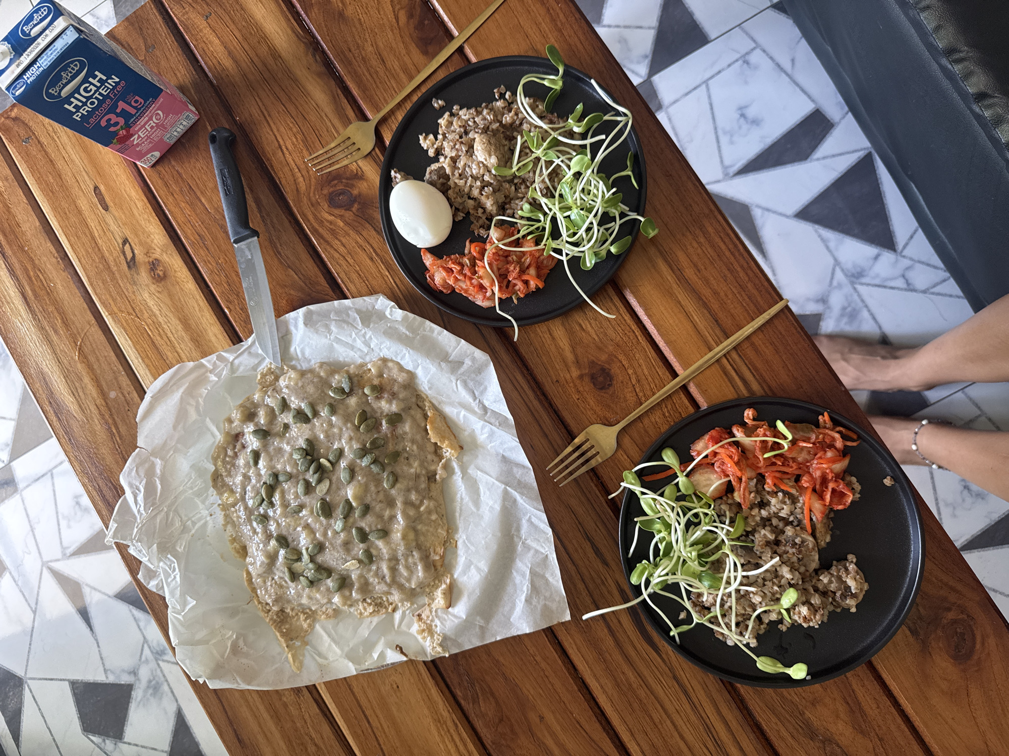 Morning meal of buckwheat and kimchi observed in Thailand