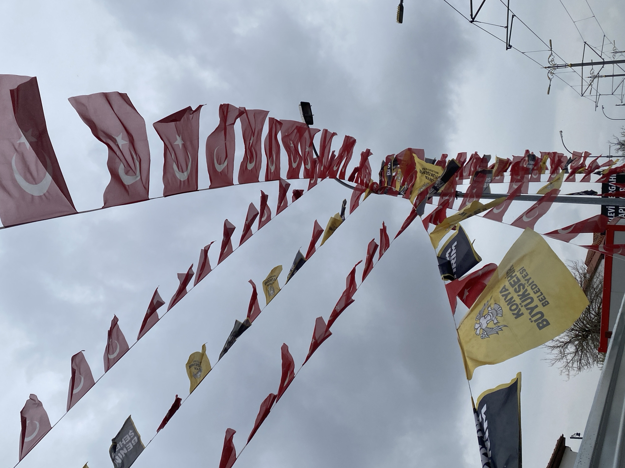Overcast day captures flags, pigeons, mosque in Karatay, Turkey