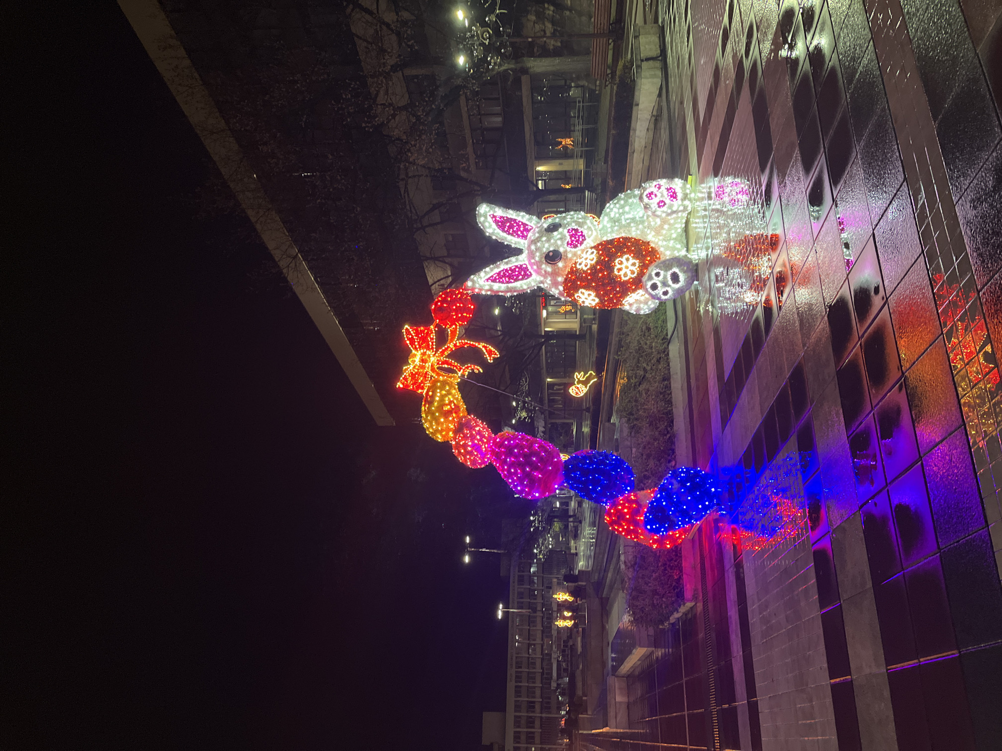 Easter rabbit display illuminates Blagoevgrad streets in Bulgaria