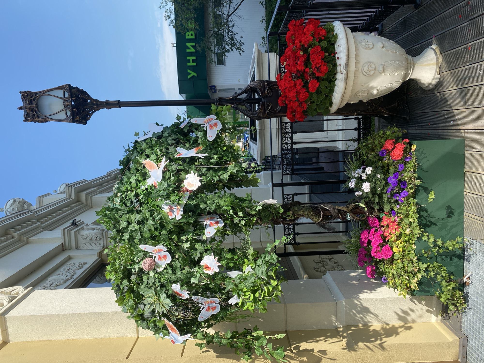 Decorated entrances and quiet walkways in a Moscow neighborhood