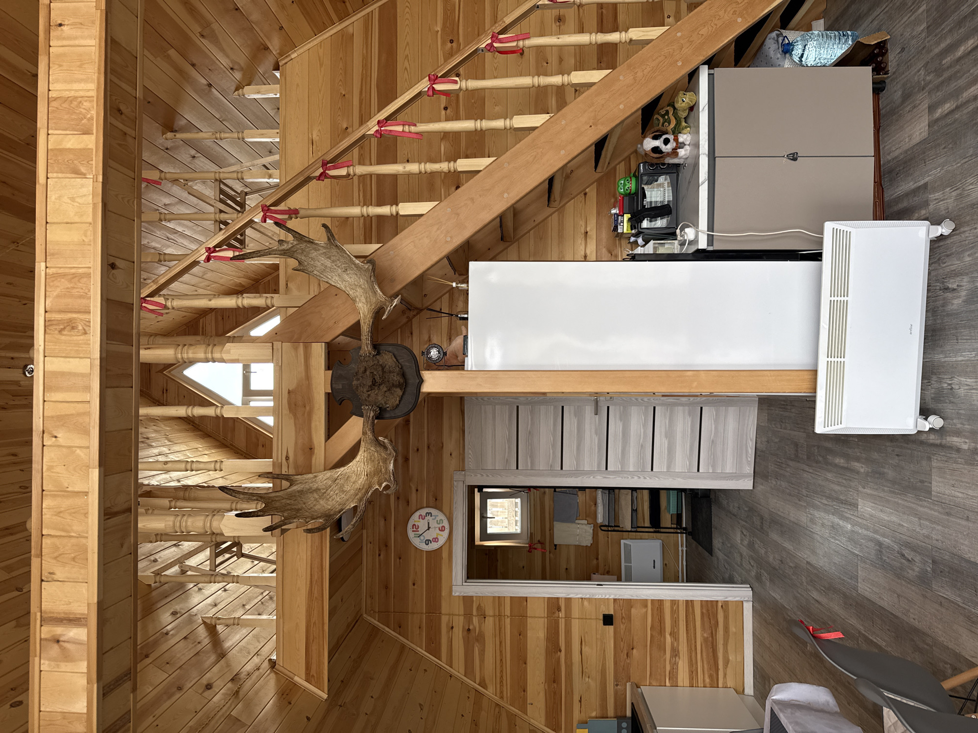 Wood-paneled interior with moose antlers observed in Krasnoyarsk