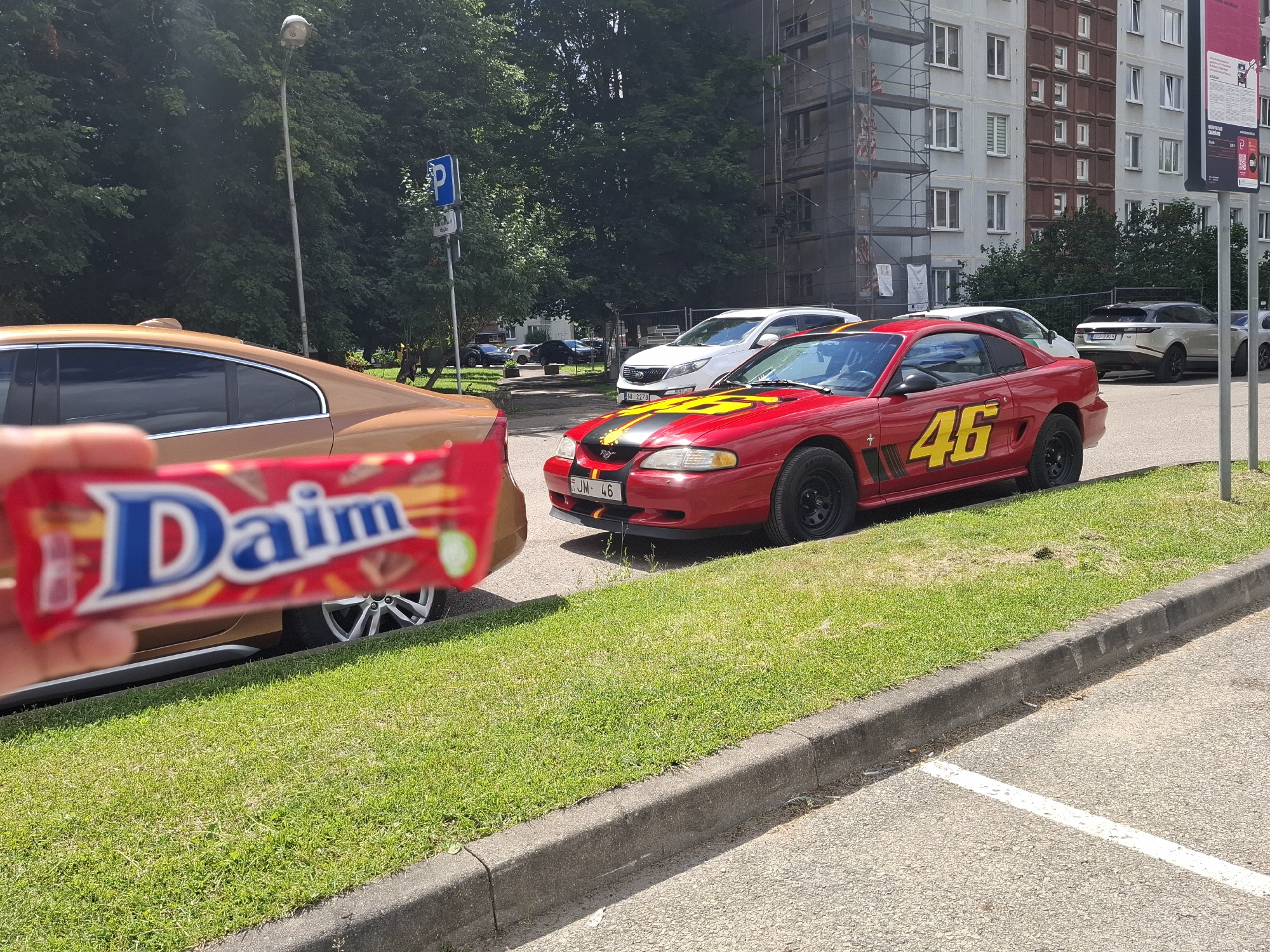 Racing-striped Ford Mustang #46 spotted on a Riga street