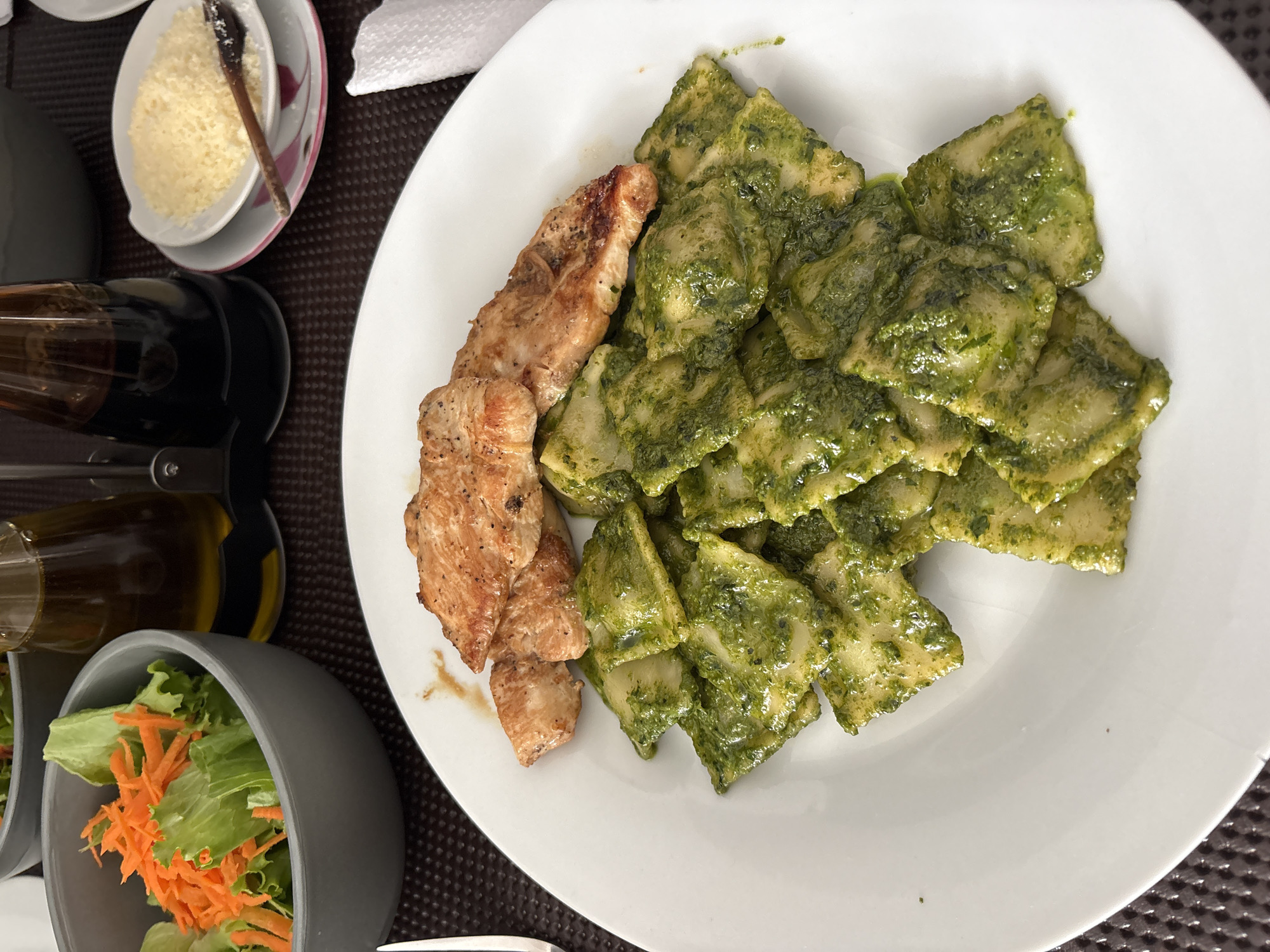Pesto ravioli dinner documented in San Isidro, Peru