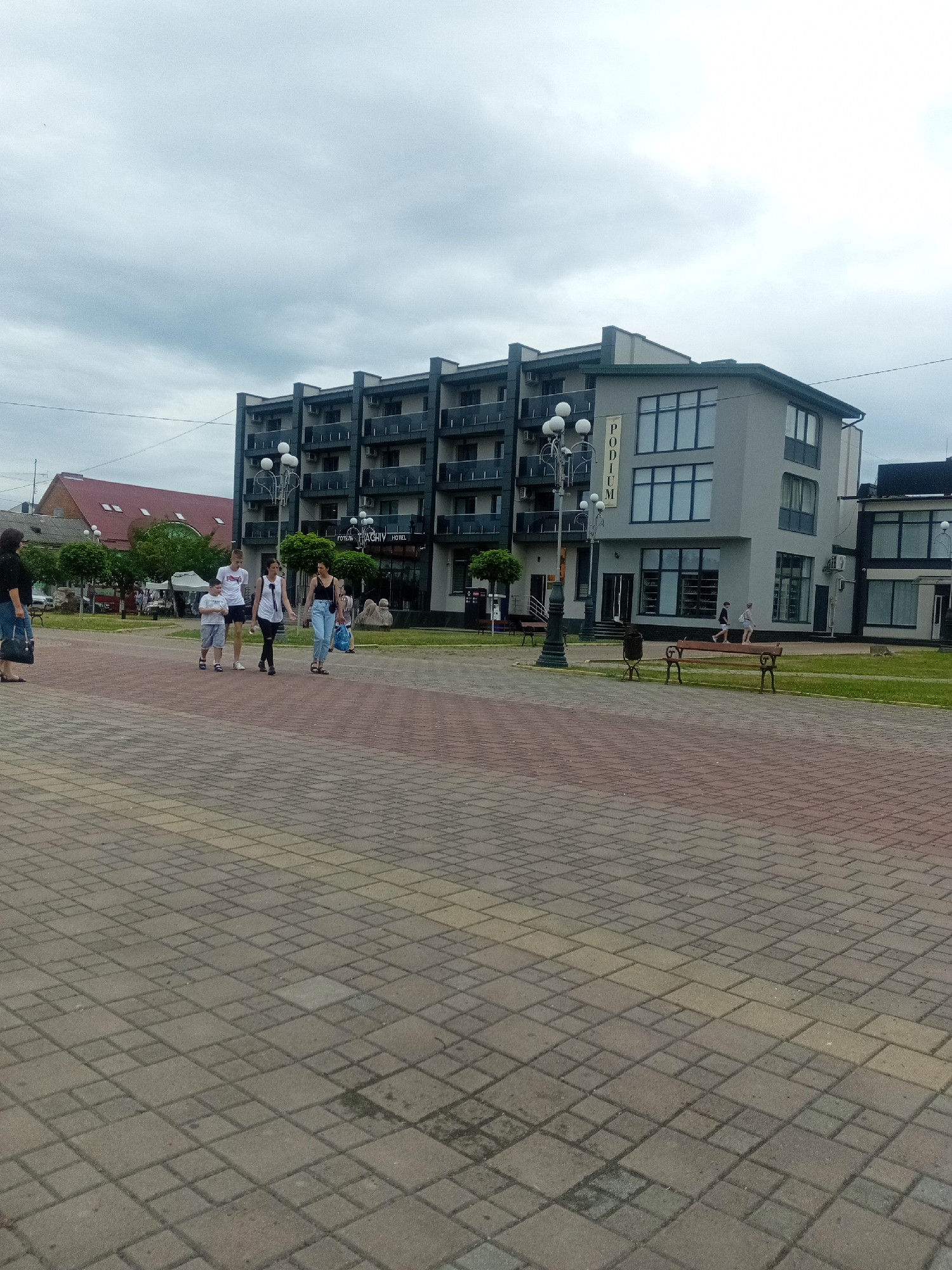 Street-level look at Tiachiv's town center and public walkway