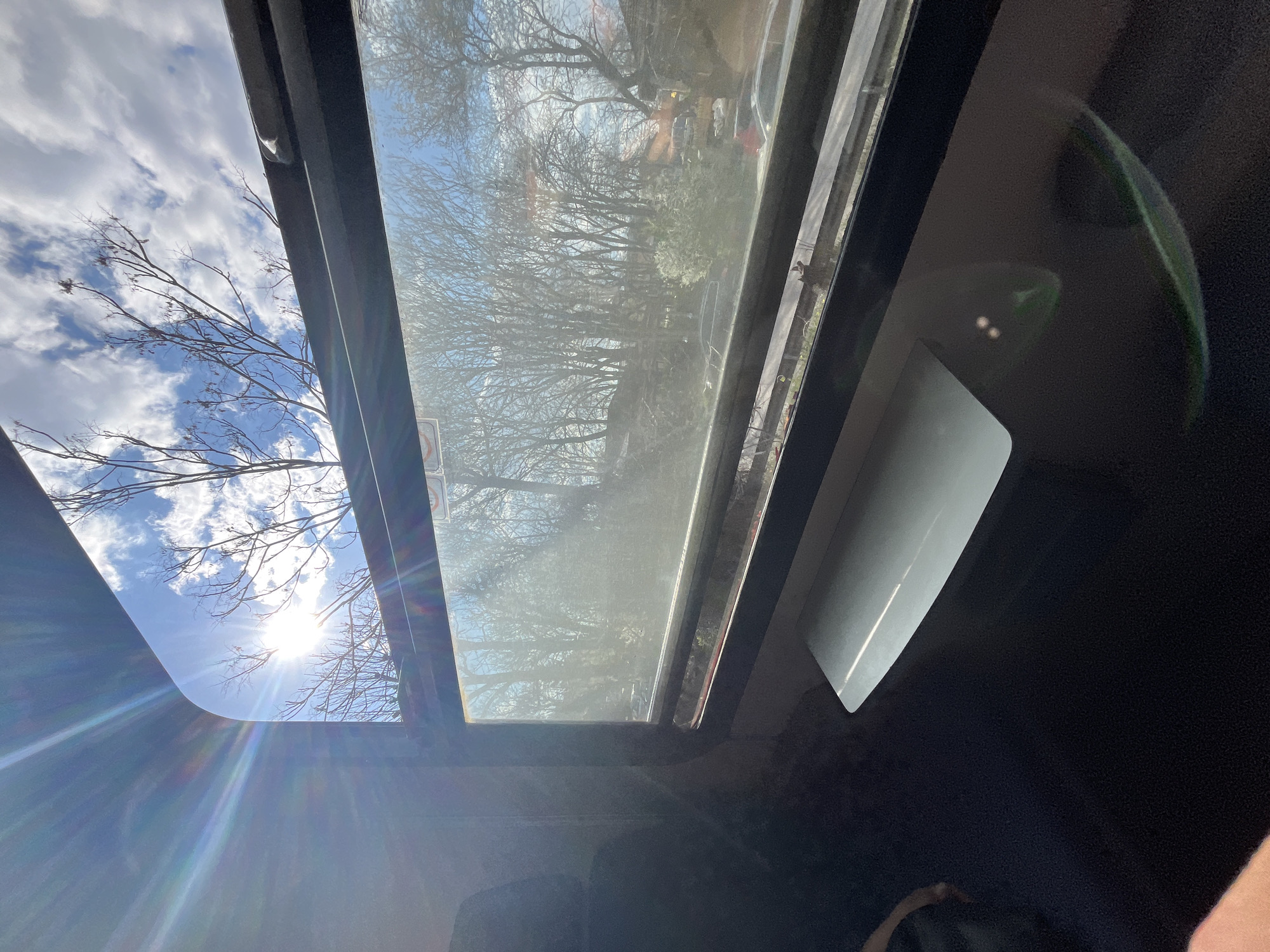 Vehicle sunroof view captured in Novi Iskar, Bulgaria