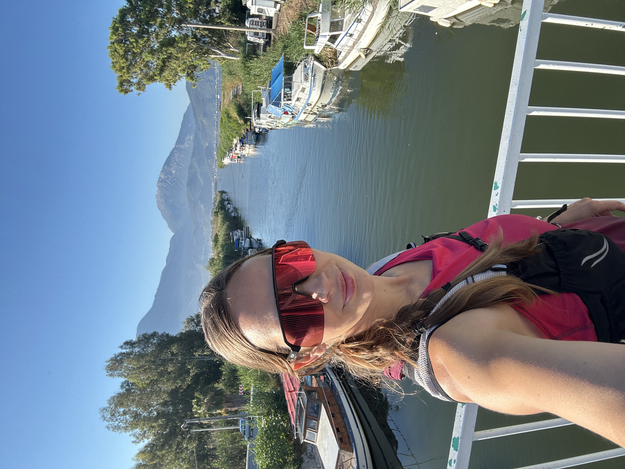 Morning selfie captured on Fethiye river bridge amid moored boats