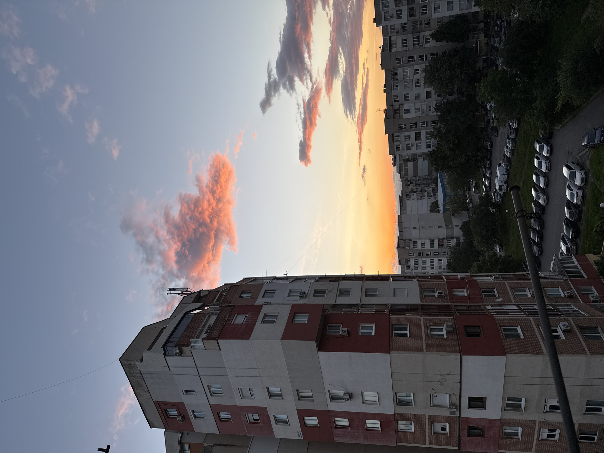 Colorful sunset observed from high-rise building in Sofia, Bulgaria