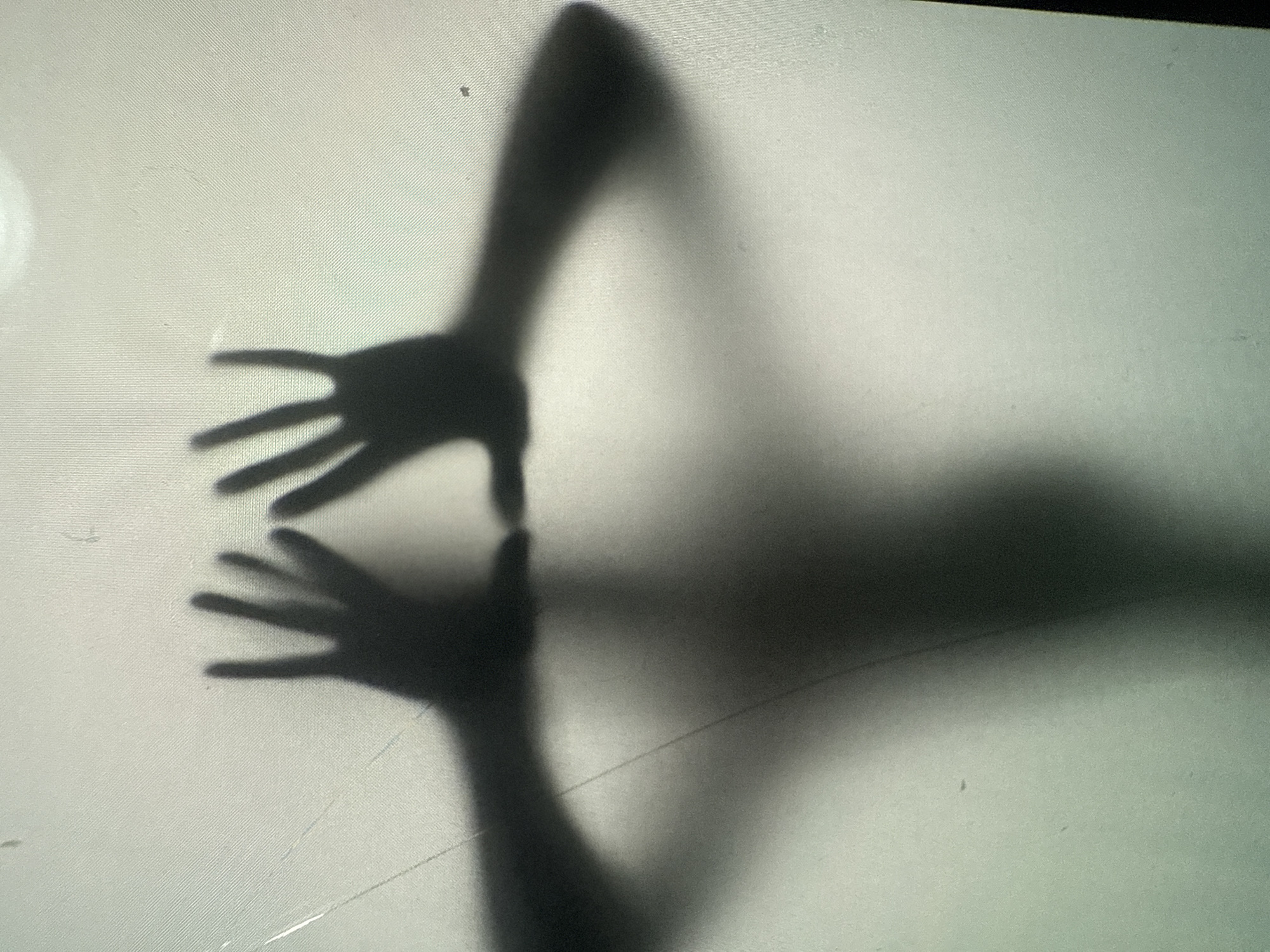 Silhouettes behind frosted glass, spray bottle on a countertop