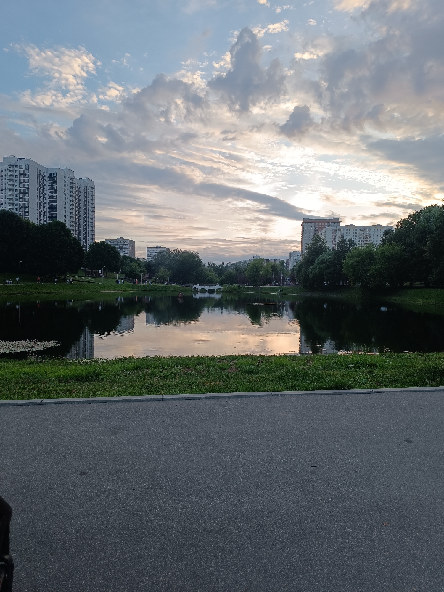 Calm urban park lake under a warm, cloudy sky