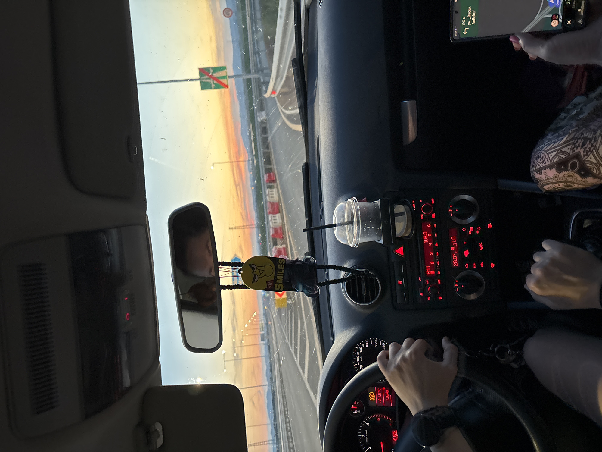 Driver travels highway near Mramor, Bulgaria at sunset