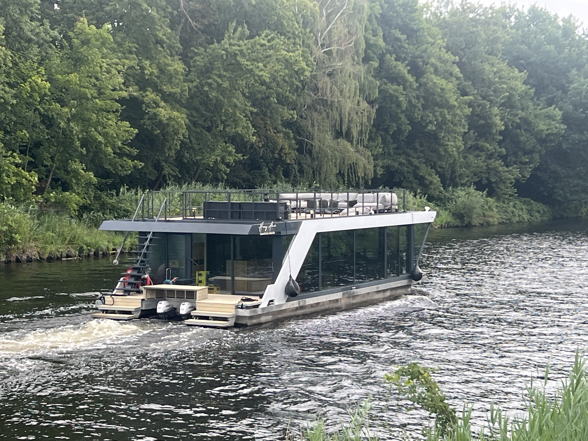 Berlin water police boat and other vessels on Teltow canal