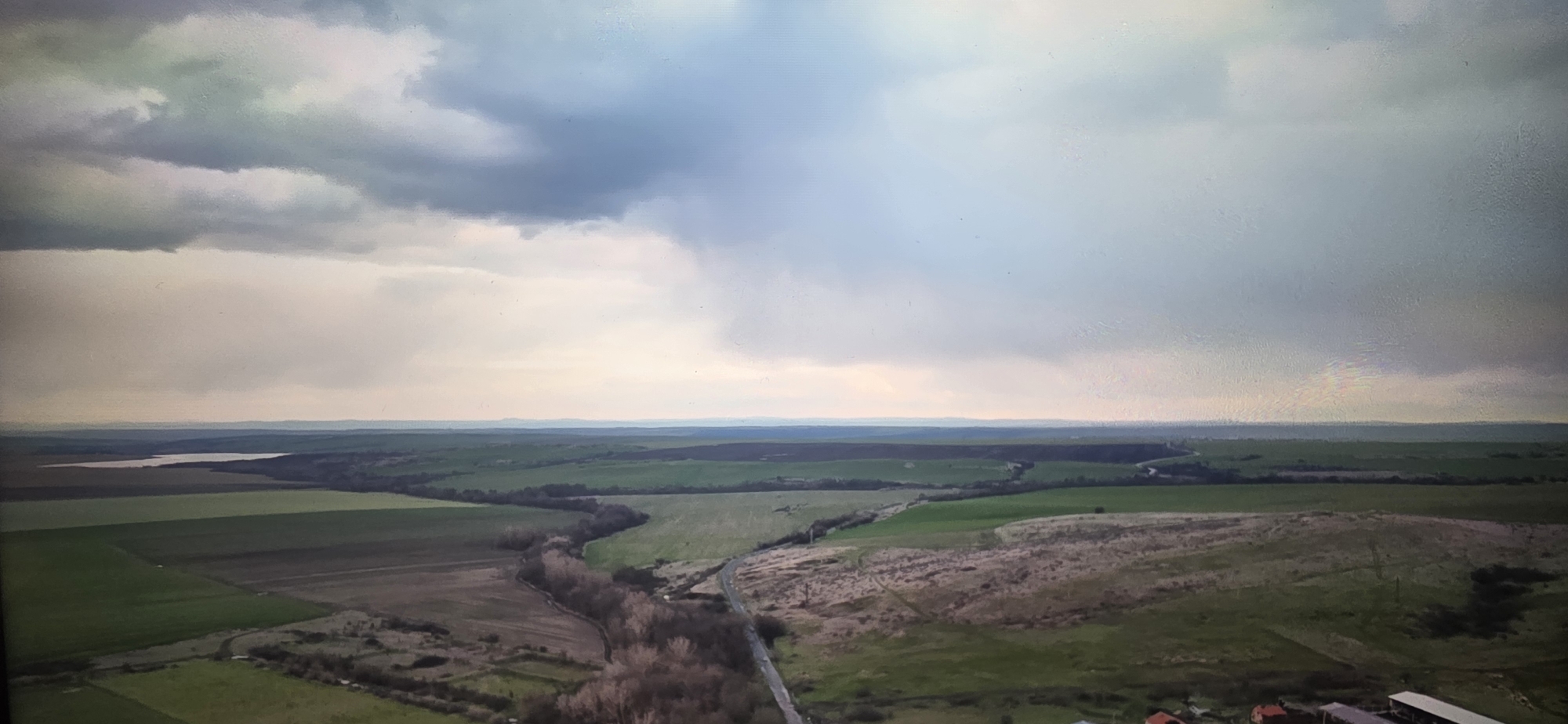Aerial view captures rural Karnobat landscape under overcast skies