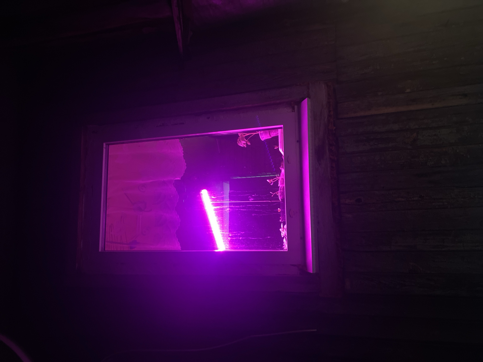 Purple light illuminates broken window in Chaikovsky, Russia