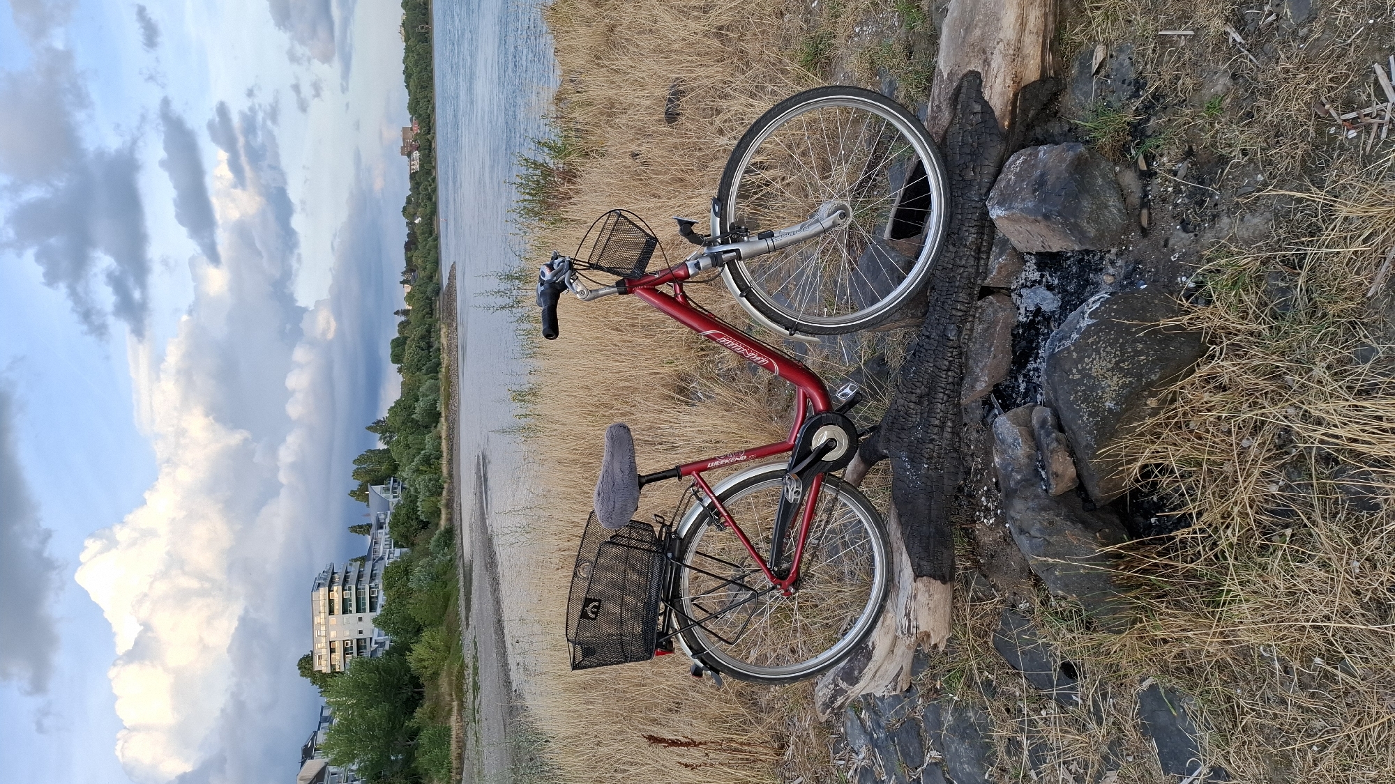 Evening stop along the Rhine, red bike and firepit on the bank