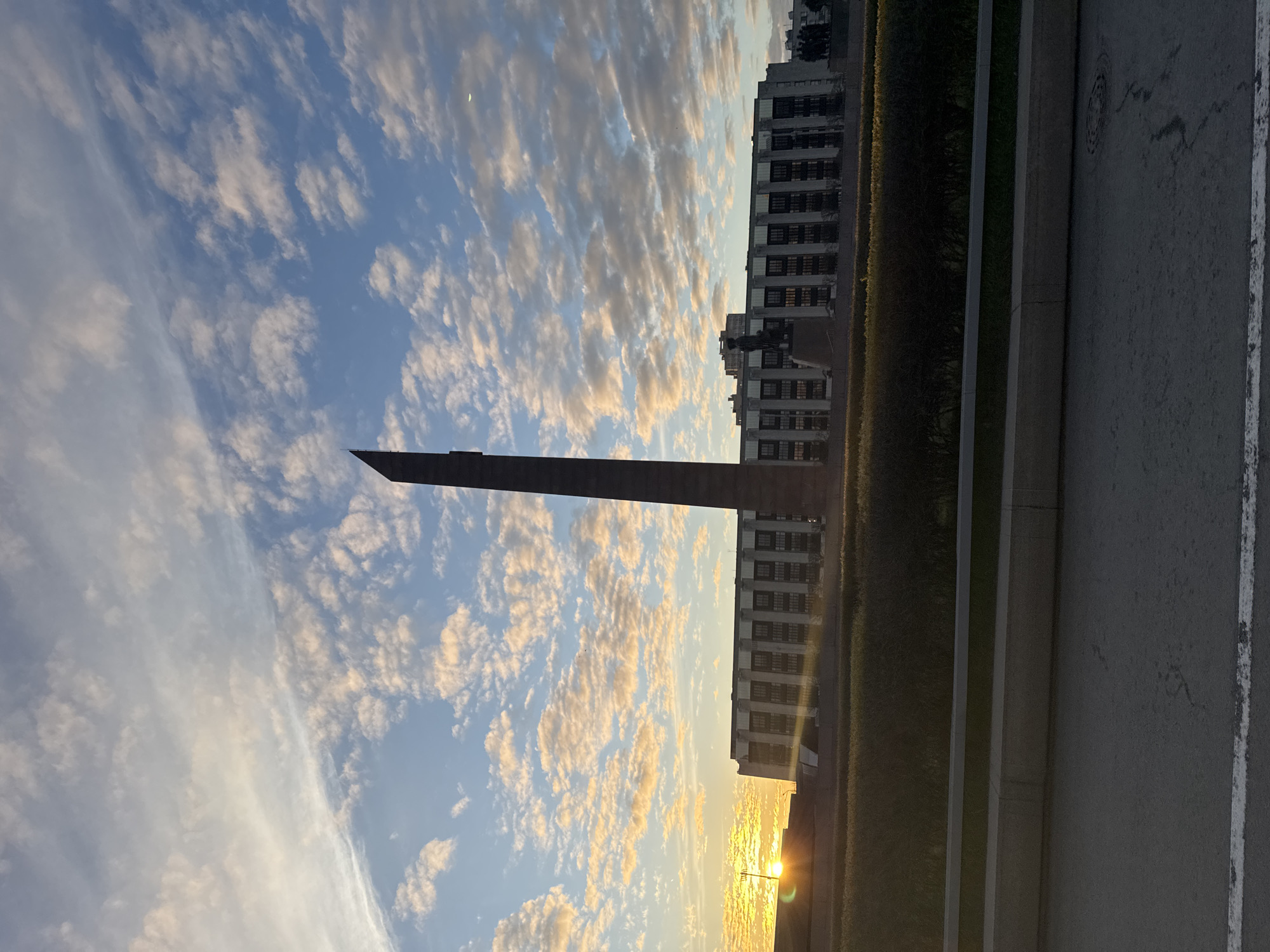 Tall monument photographed against Saint Petersburg skyline early morning