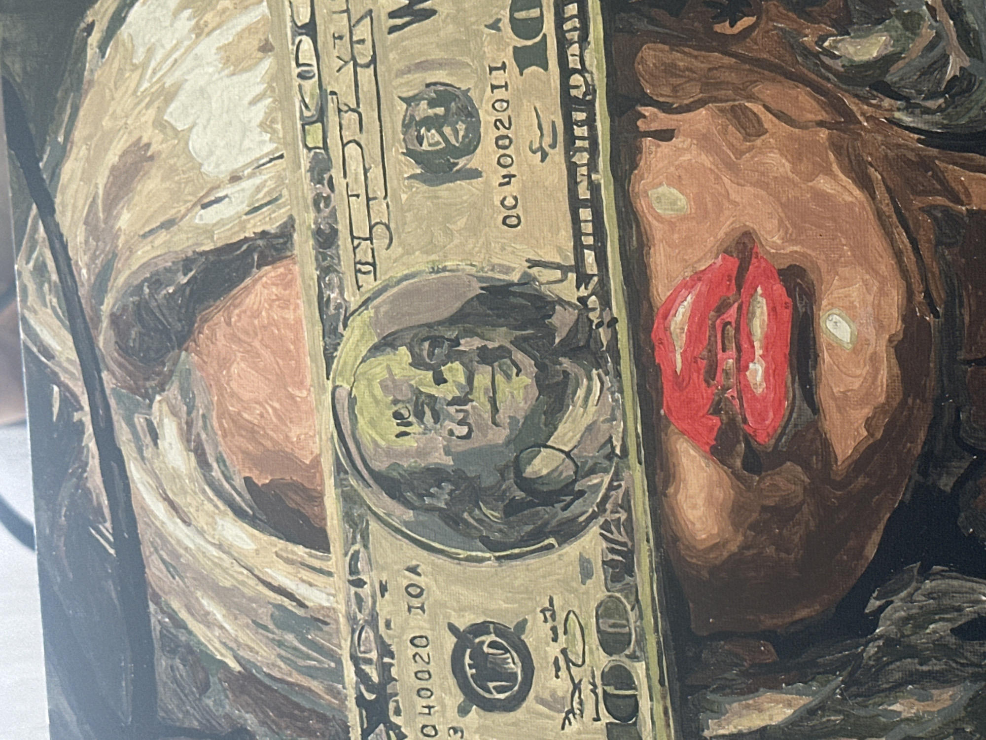 Oil painting shows woman blindfolded with hundred-dollar bill in Russia