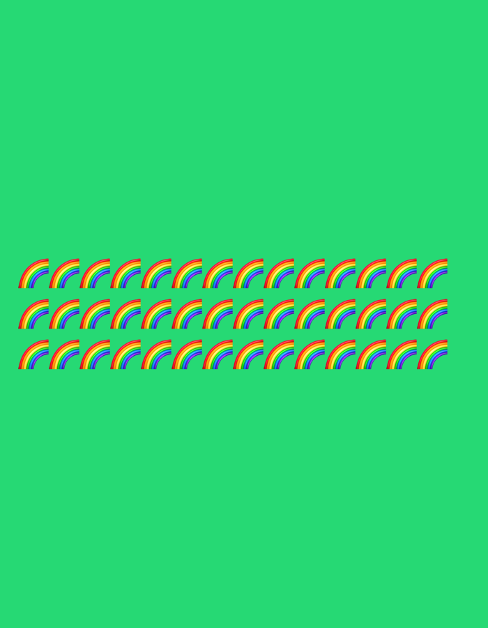 Colorful emoji and rainbow graphics on bold solid backgrounds