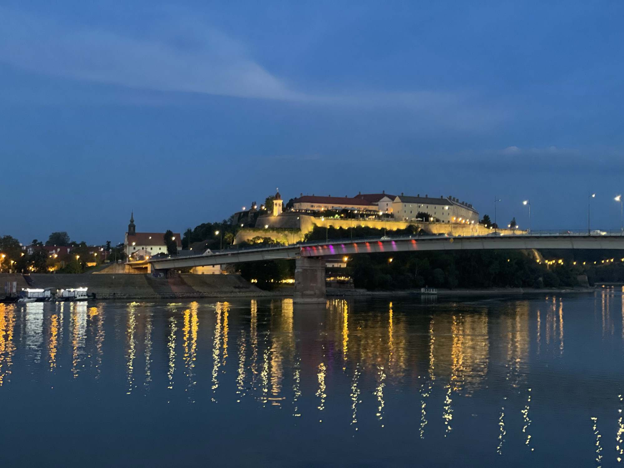 Petrovaradin Fortress illuminated at night in Novi Sad, Serbia