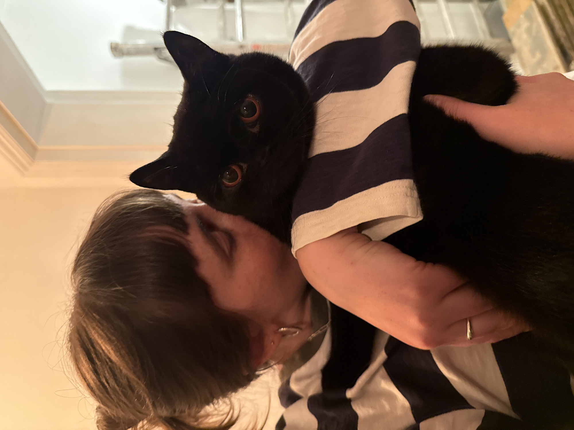 Woman holds black cat in London evening moment