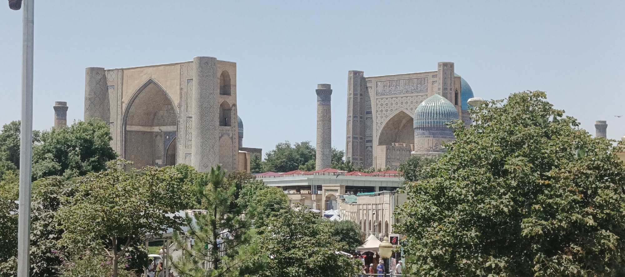 Samarkand's Registan complex and surrounding streets, morning.