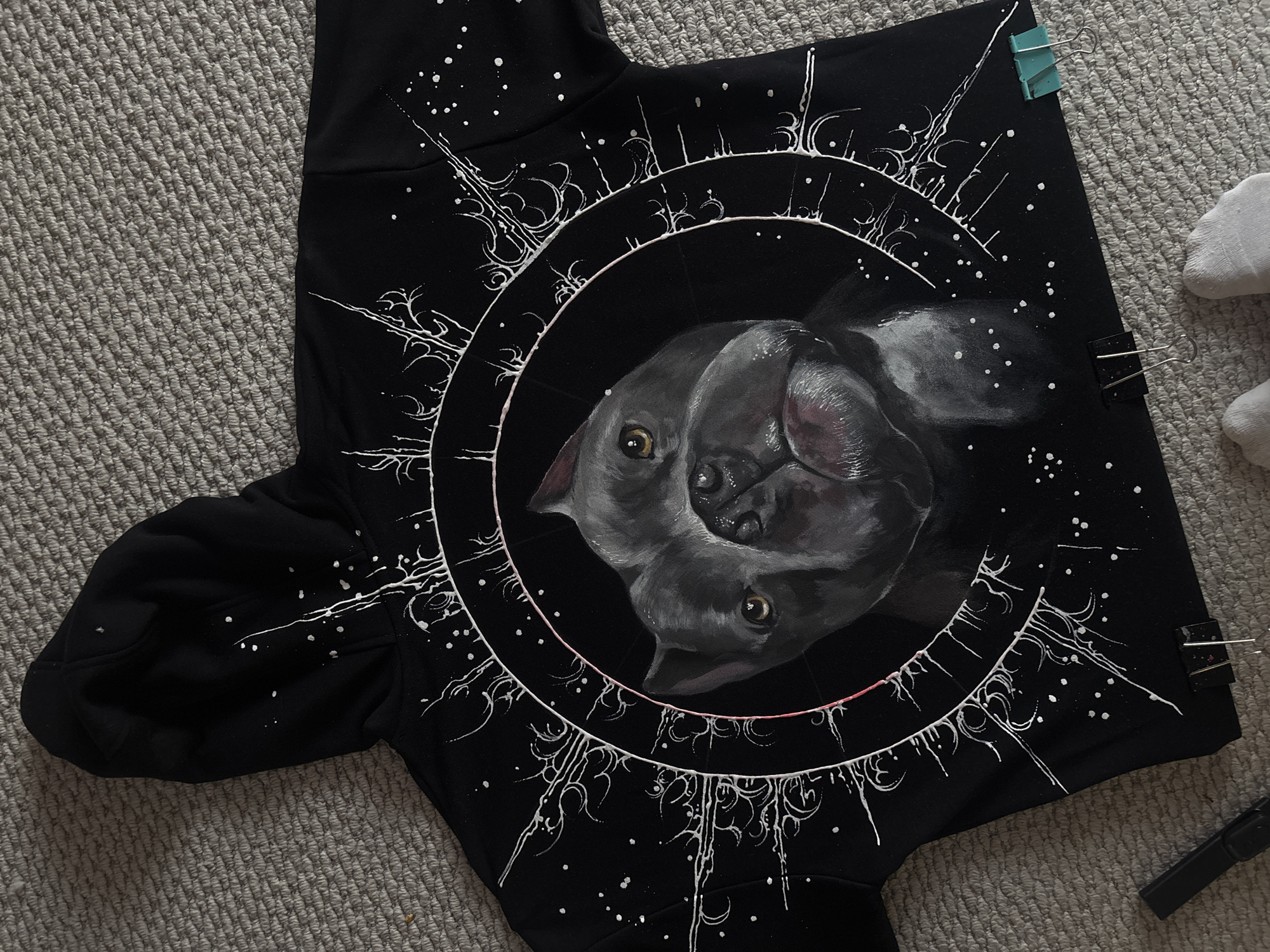 Hand-painted dog portrait hoodie spotted in Krasnoyarsk