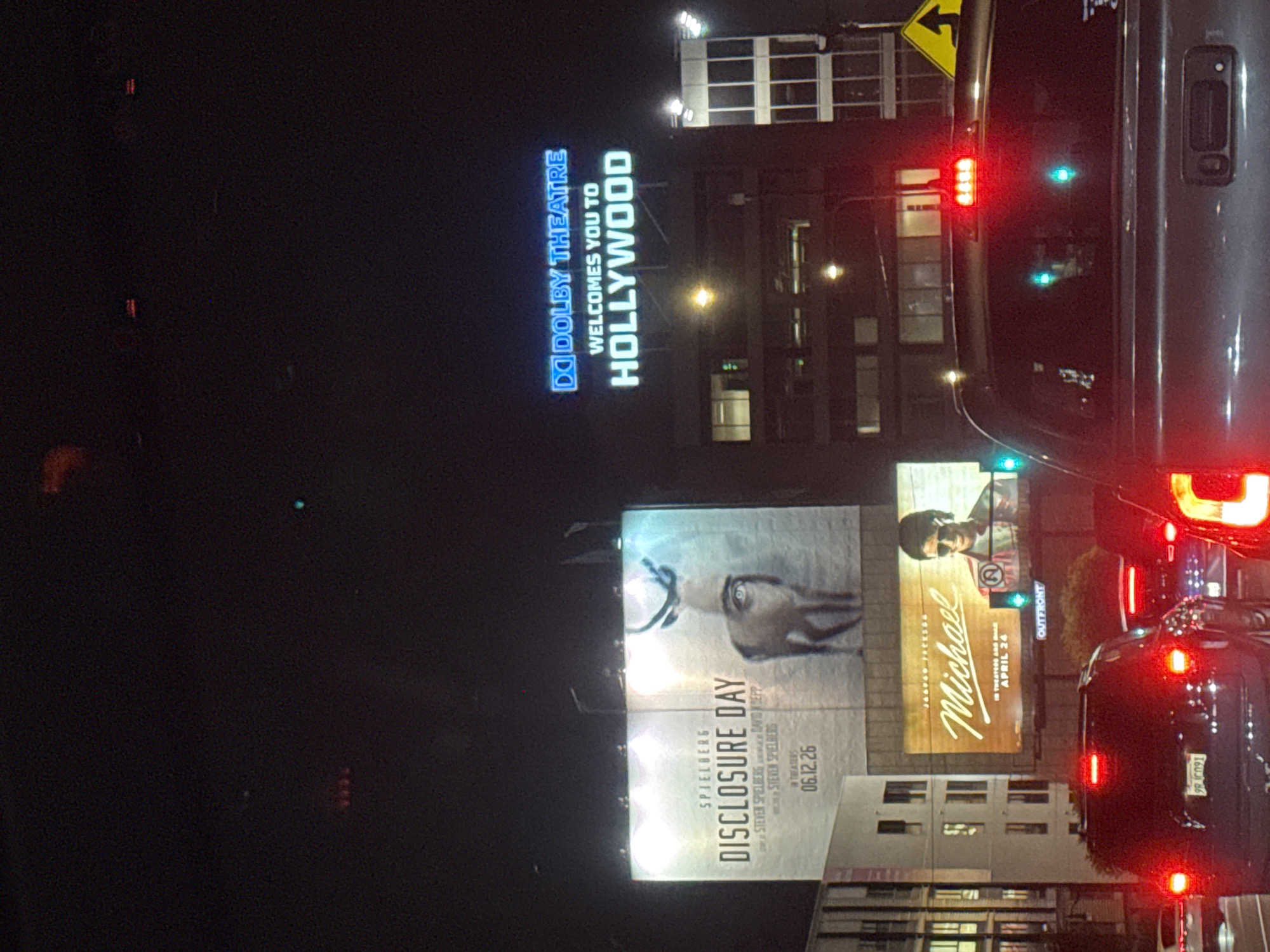 Nighttime street scene documented near Hollywood's Dolby Theatre