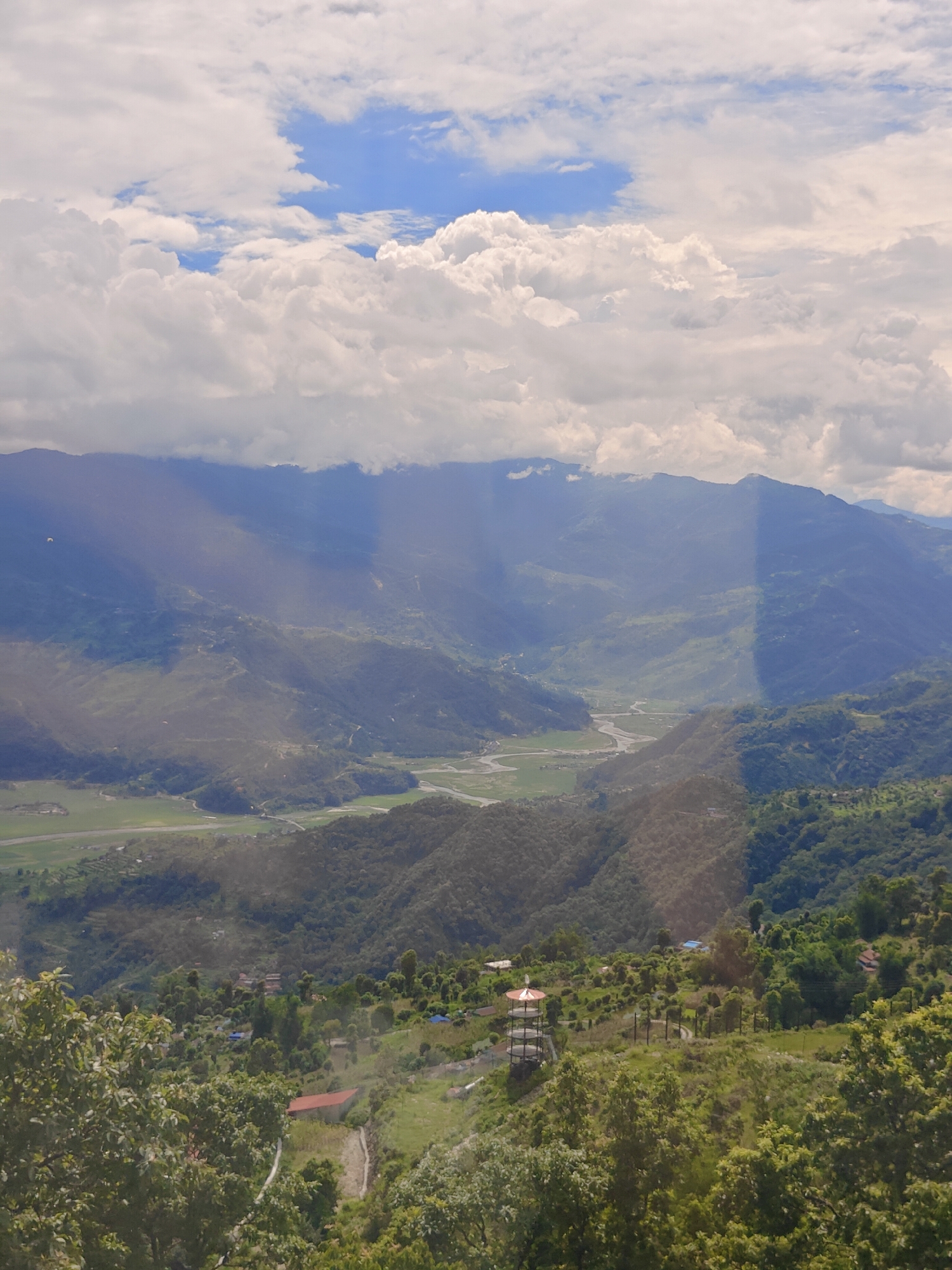 Cable car views over Pokhara's lake, valley, and Himalayas