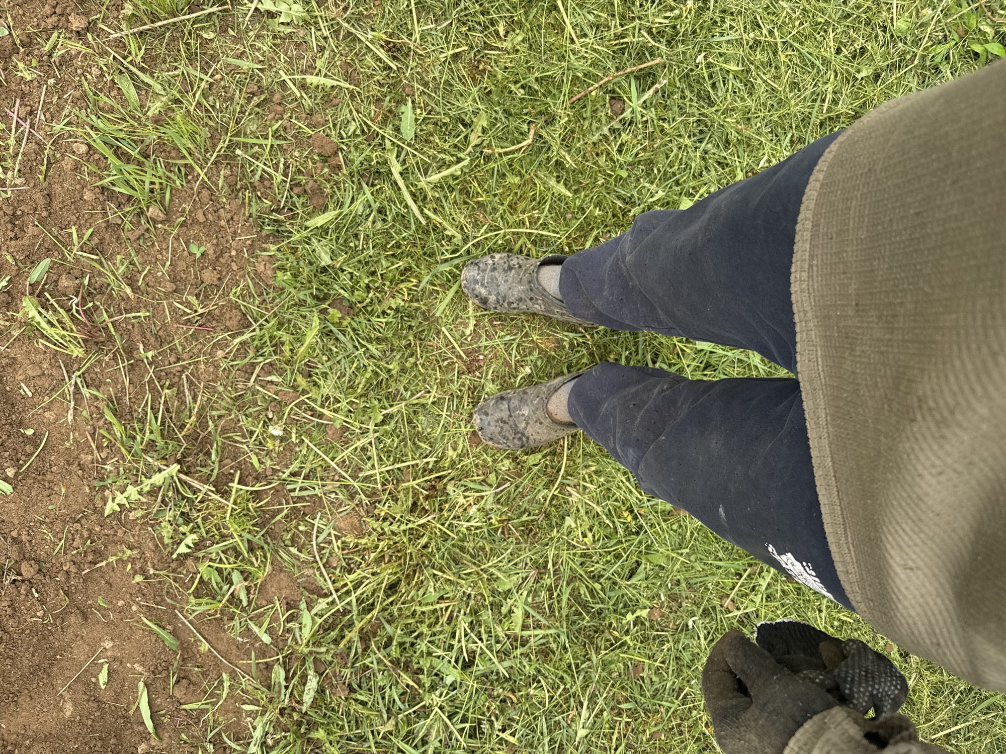 Rural garden work documented in Russian village under overcast skies