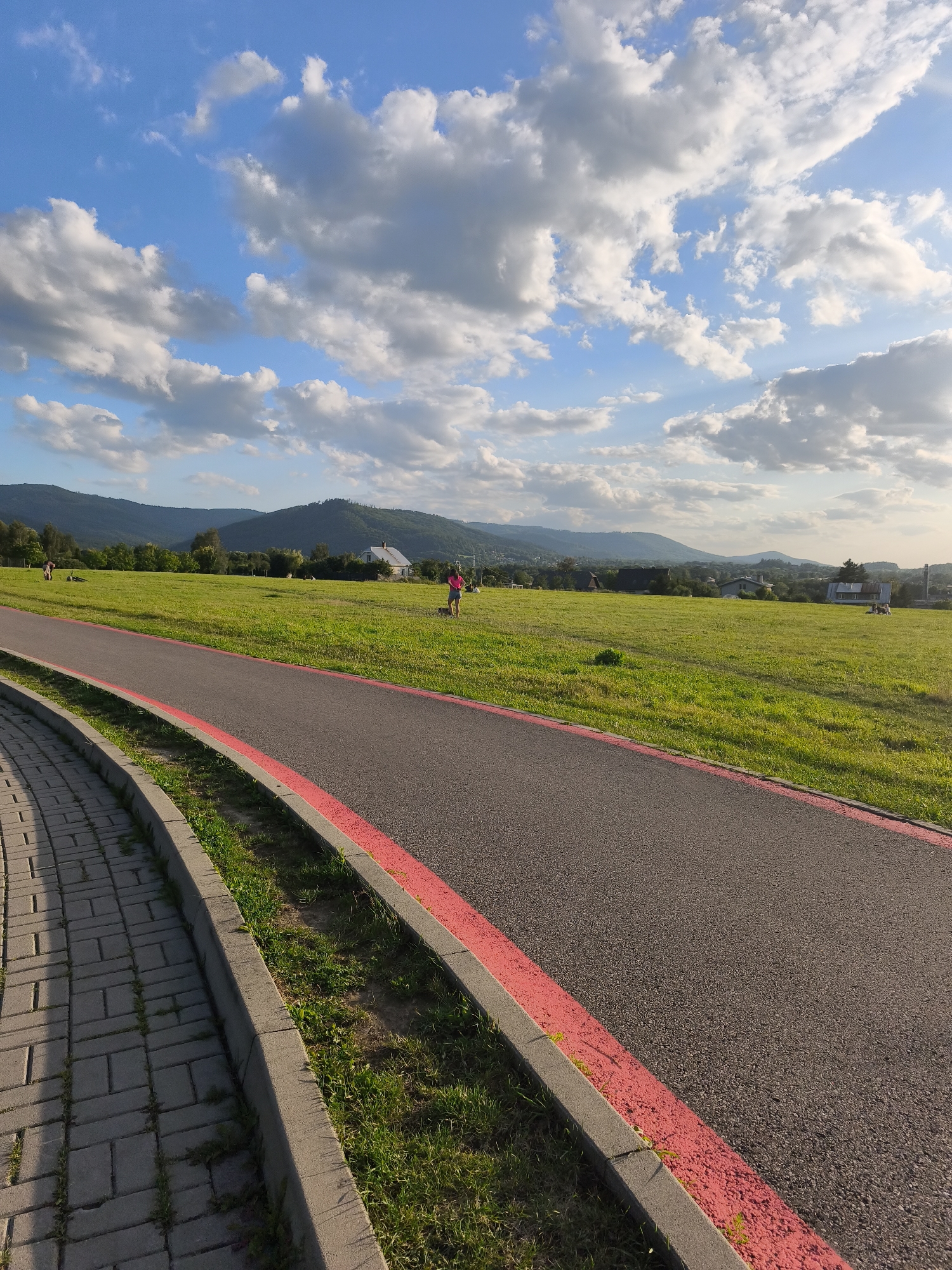 Bike paths, park benches, a cat, and a rural sunset afternoon