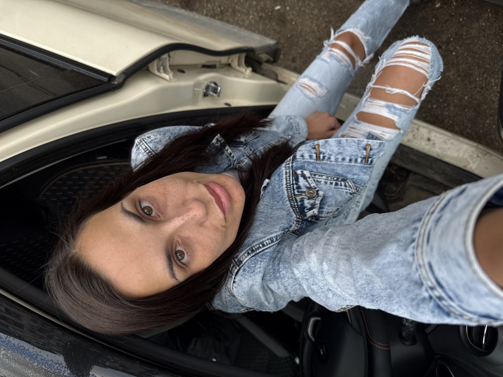 Woman in denim photographed at multiple Pleven locations